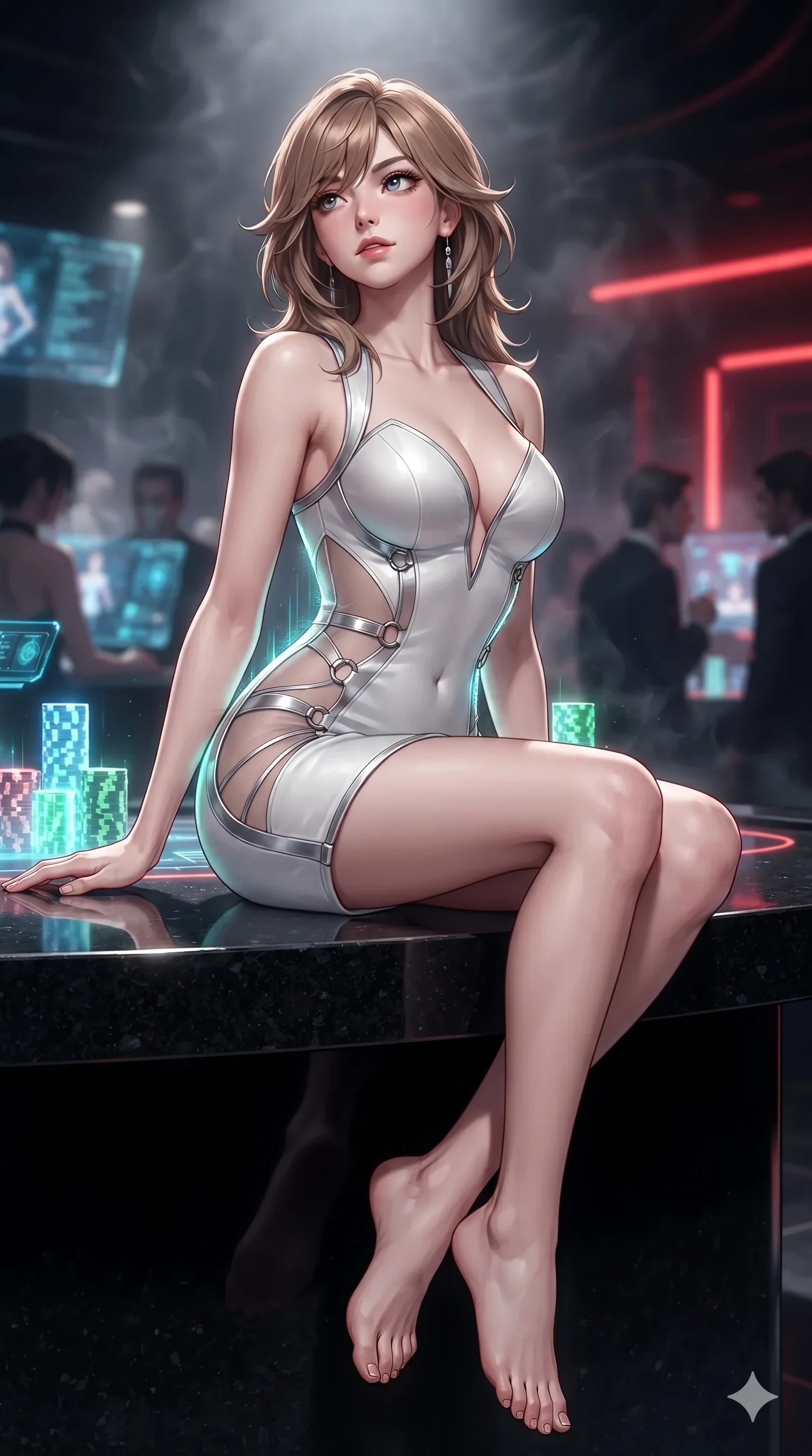 score_9, masterpiece, best quality, ultra-detailed, high-budget anime keyframe, editorial fashion photography, tasteful artistic composition, Korean woman. low angle full-body shot from head to toe showing her feet, filling the entire 9:16 vertical frame with her statuesque presence, stretching her vertical silhouette. sitting poised on the polished granite dais with one knee bent, arching her spine with supermodel elegance as she glances upward through thick eyelashes while twisting her slender torso in an alluring contrapposto, glowing holographic chip stacks and scarlet neon tube reflections tracing her narrow waist and curvy hips. The background shows a soft-focus smoky cyber-lounge atmosphere softened in high-stakes VIP casino shallow focus. She has an absolutely perfect, statuesque 8.5-heads proportion, an exceptionally tall and slender model-like female figure with impossibly long slender legs, an ultra-slim waist, a flat toned midriff, narrow delicate ribcage, and beautifully sculpted feminine hips creating a graceful, slim hourglass silhouette without any bulky heaviness. sharp v-shaped jawline, high-bridge nose, intricate jewel-like sparkling eyes with depth, thick eyelashes, glossy parted lips with a natural sheen, bright confident smile with an enchanting and coquettish sensual glint, exuding both youthful magnetic charm and sovereign high-tech allure, flawlessly proportioned anatomical accuracy, strict slender model proportions, natural body alignment, perfectly sculpted long slender limbs, ultra-slim waistline, clean dynamic posture without body distortion. wearing an alluring plunging sweetheart cyber-bodice dress with sheer mesh side-waist cutouts contouring her ribs in pure alabaster white and brushed silver accents, featuring strategic sheer-illusion tulle side panels framing her ribcage and hips, finished with sharp laser-cut side ventilation slits framed by silver hardware rings, the glove-like clinging cut tightly following the natural contour of her hips and long slender legs with youthful 8.5-heads elegance. illuminated by glowing table surfaces and sharp scarlet rim lights carving her sculpted collarbones, ultra-slim waist, and curvy hips. ultra-reflective glossy finish, specular highlights, rich textural contrasts, high-contrast stereoscopic depth, volumetric dynamic lighting, 2k, ultra detail, master piece, 9:16 ratio