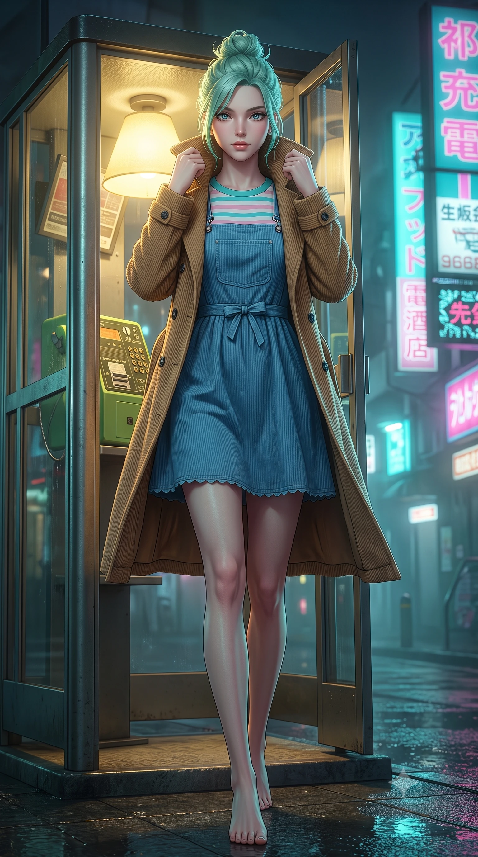 score_9, masterpiece, best quality, ultra-detailed, high-budget anime keyframe, semi-realistic 3D game render, editorial fashion photography, tasteful artistic composition, Japanese woman. low angle full-body shot from head to toe showing her feet, filling the entire 9:16 vertical frame with her statuesque presence, stretching her vertical silhouette. stepping forward gracefully in mid-motion, displaying her toned flat midriff and flawlessly sculpted slender limbs while stepping out of the retro phone booth into the misty night street, pulling her trench coat collar up with effortless cool. The surrounding environment is rendered in vivid detail and crisp panoramic clarity. emotional cinematic chiaroscuro and nostalgic 90s urban romance aesthetics captured with precision. She has an absolutely perfect, statuesque 8.5-heads proportion, an exceptionally tall and slender model-like female figure with impossibly long slender legs, a toned flat midriff, and an ultra-slim waist. sharp v-shaped jawline, high-bridge nose, intricate jewel-like eyes with depth, thick eyelashes, glossy lips with a natural sheen, captivating and magnetic expression, flawlessly proportioned anatomical accuracy, strict slender model proportions, natural body alignment, perfectly sculpted long slender limbs, ultra-slim waistline, clean dynamic posture without body distortion. wearing a vintage corduroy dungaree dress layered over a pastel striped baby-tee with rolled cuffs in retro turquoise, baby pink, and white, made of crisp lightweight vintage crinkle nylon, finished with a dainty waist ribbon bow and scalloped hemline trims, the breezy yet form-flattering drape swaying gracefully with her steps, accentuating her long willowy limbs and slim waistline. bathed in cozy yellow interior phone booth lamp light contrasting with cool neon street reflections outside. highly saturated vibrant anime colors, detailed shading with soft gradients, rich glossy textures, high-contrast stereoscopic depth, volumetric dynamic lighting, master piece, 9:16 ratio