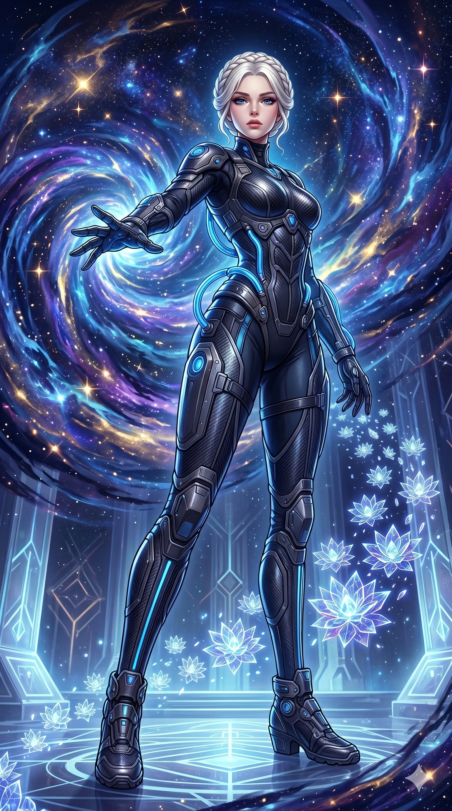 score_9, masterpiece, best quality, ultra-detailed, Set A: High-budget Anime Keyframe, Caucasian (human ears) woman. Low angle cowboy shot filling the entire 9:16 frame with her statuesque presence. Theme: Abstract Cosmic. unleashing a massive energy wave in a temple made of solid light, while she leaves a trail of 146 blooming crystal flowers. The atmosphere is filled with a swirling vortex of stars. She has an absolutely perfect 8-heads proportion, an exceptionally tall and slender female figure with impossibly long slender legs and an ultra-slim waist. Sharp v-shaped jawline, high-bridge nose, intricate jewel-like eyes with depth, glossy lips. Wearing Interstellar pilot suit with glowing oxygen-tubes and a sleek carbon-fiber frame. Cinematic lighting, vivid colors, dramatic shadows, 2k, ultra detail, master piece, 9:16 ratio
