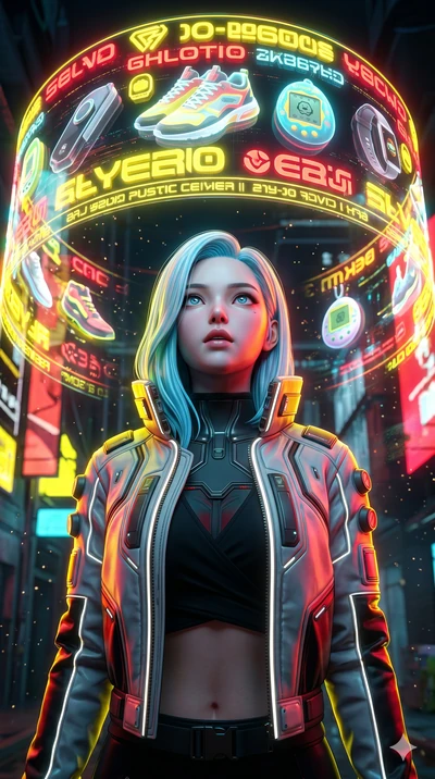 score_9, masterpiece, best quality, ultra-detailed, high-budget anime keyframe, semi-realistic 3D game render, Korean woman. Upper body close-up from the thighs up, character filling the screen for maximum presence. Standing under a giant holographic