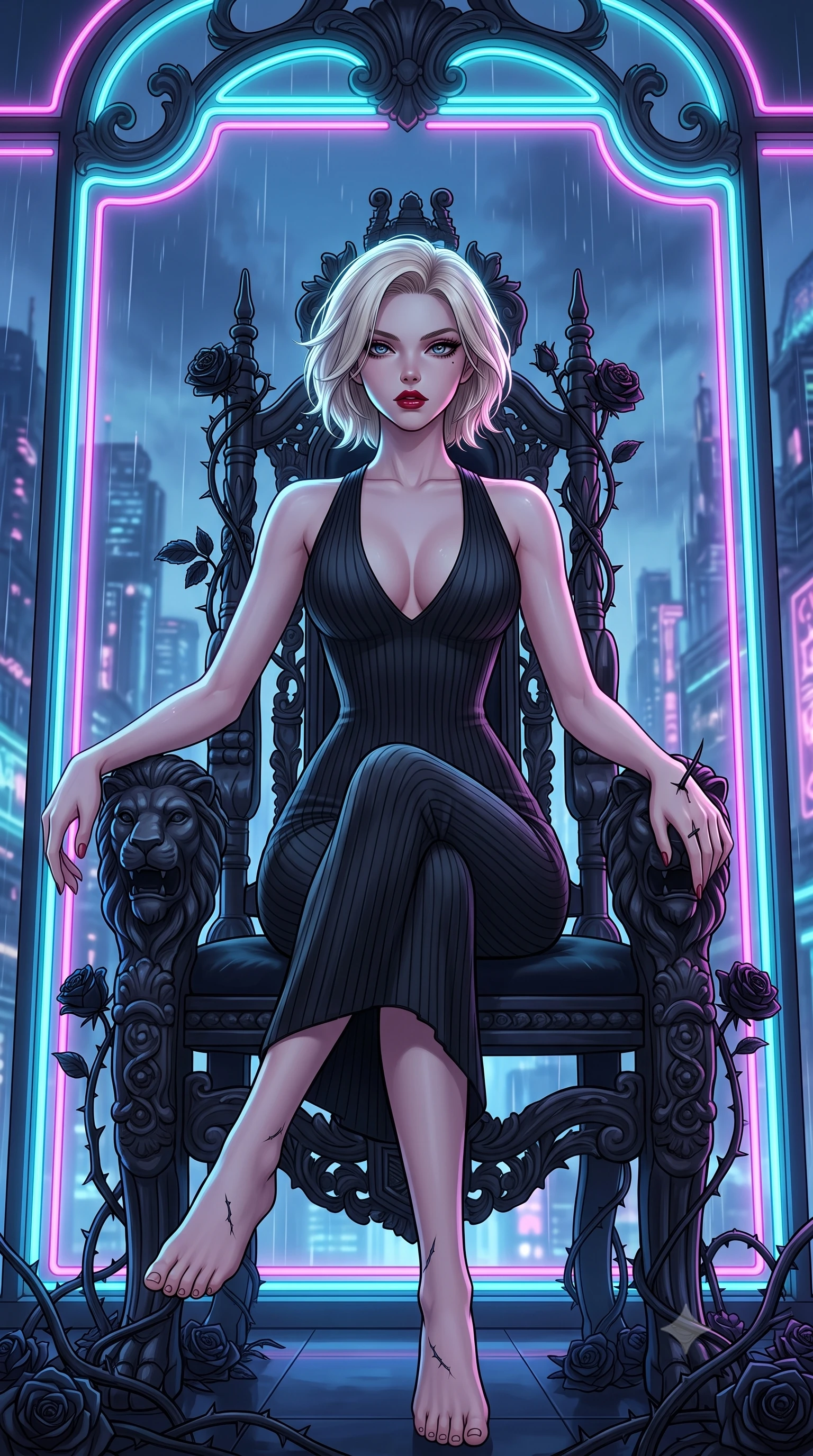 score_9, masterpiece, best quality, ultra-detailed, High-budget Anime Keyframe, Caucasian woman, strictly human ears. Low angle cowboy shot filling the entire 9:16 frame with her statuesque presence. Scenario 323: resting on a throne of black roses, thorns grazing her skin, in a glowing neon window at twilight with soft rain falling. Her presence is magnetic and overpowering in this high-budget anime scene. Outfit 323: a tailored ribbed bodycon knit dangerous with a plunging V-neckline and tight-fitting silhouette. The clothing is designed to emphasize her exceptionally tall and slender 8-heads proportion. 8-heads proportion, towering silhouette, ultra-slim waist. sharp v-shaped jawline, intricate jewel-like eyes with depth, thick eyelashes, glossy lips. 2k, ultra detail, master piece, 9:16 ratio