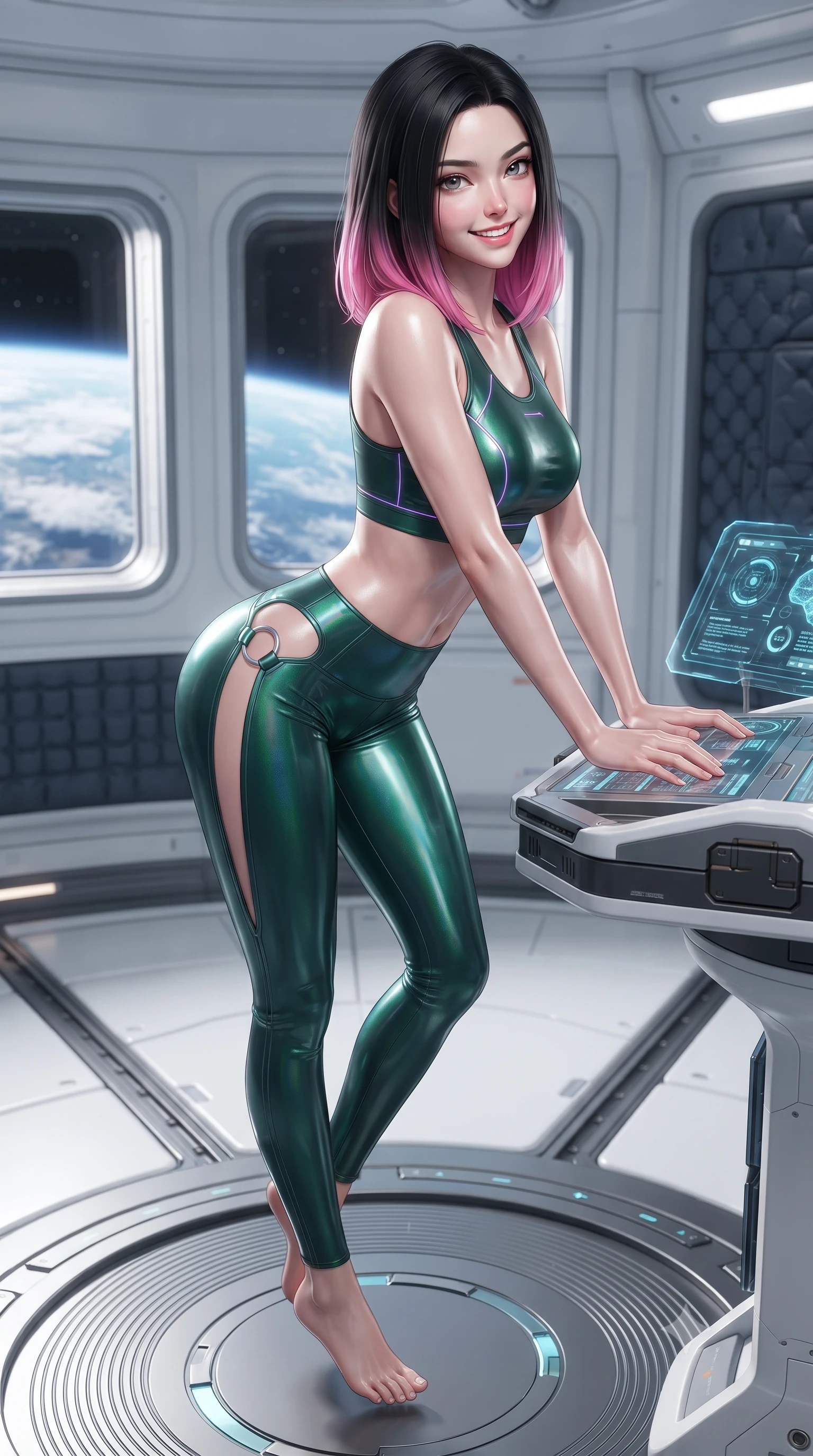 score_9, masterpiece, best quality, ultra-detailed, high-budget anime keyframe, editorial fashion photography, tasteful artistic composition, Korean woman. close-up cowboy shot from the waist and thighs up, the character dominates the composition, filling the frame with her large presence. resting both hands lightly on the holoscreen pedestal while leaning toward the lens with a teasing smirk, her tight combat suit hugging her narrow waist and feminine hip curve while twisting her slender torso in a fluid S-curve while floating above the rotating floor, her skin-tight athletic suit hugging her hourglass curves. The surrounding environment is rendered in vivid detail and crisp panoramic clarity: sharp magnetic track rail seams, padded gym wall grip textures, and transparent window frame clarity in deep focus. She has an exceptionally elegant, slender, and willowy female figure with an ultra-slim waist, flat toned midriff, narrow ribcage, and sculpted feminine hips creating an alluring, slim hourglass silhouette without bulk. sharp v-shaped jawline, high-bridge nose, intricate jewel-like sparkling eyes with depth, thick eyelashes, glossy parted lips with a natural sheen, bright confident smile with an enchanting and coquettish sensual glint, exuding both youthful magnetic charm and sovereign high-tech allure, flawlessly proportioned anatomical accuracy, strict slender model proportions, natural body alignment, perfectly sculpted long slender limbs, ultra-slim waistline, clean dynamic posture without body distortion. wearing a tactical racerback athletic crop top paired with skin-tight high-waisted holographic combat leggings in dark emerald teal and ultraviolet glow lines, made of supple second-skin compression stretch jersey clinging flawlessly to her form, finished with sharp laser-cut side ventilation slits framed by silver hardware rings, the high-waisted tailoring accentuating her ultra-slim waistline and the enchanting curve of her feminine hips with alluring dark charm. bathed in bright, clean white space-station illumination and fresh Earth-shine ambient bounce. ultra-reflective glossy finish, specular highlights, rich textural contrasts, high-contrast stereoscopic depth, volumetric dynamic lighting, 2k, ultra detail, master piece, 9:16 ratio