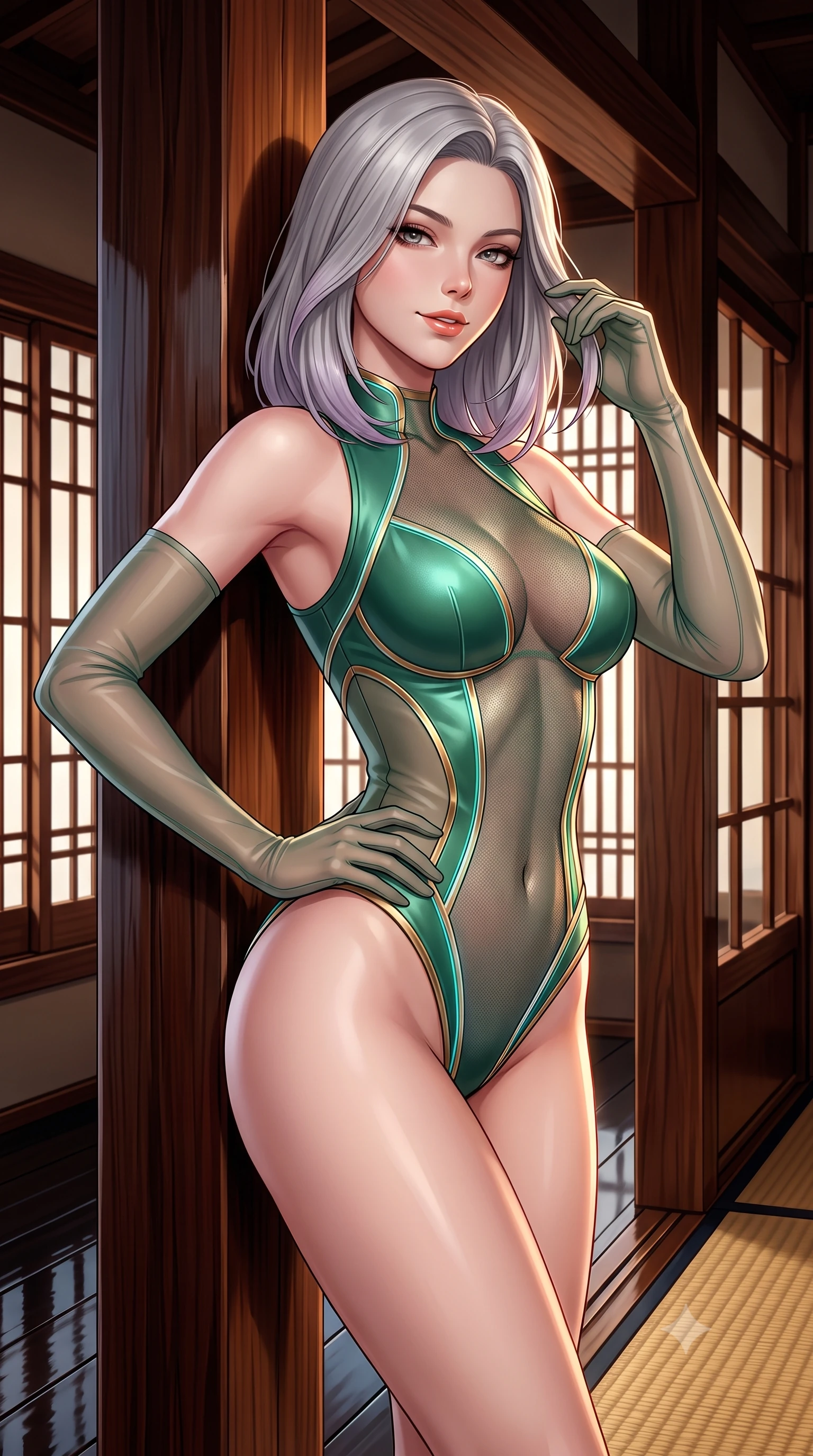 score_9, masterpiece, best quality, ultra-detailed, high-budget anime keyframe, semi-realistic 3D game render, editorial fashion photography, tasteful artistic composition, Caucasian woman. close-up cowboy shot from the waist and thighs up, the character dominates the composition, filling the frame with her large presence. twisting her slender torso in an alluring contrapposto stance, one hand resting on her sculpted hip while her fingers toy with her hair with effortless poise while leaning against the dark polished cedar pillar with hips cocked back, looking through wooden lattice windows with smoldering bedroom-eyes. The surrounding environment is rendered in vivid detail and crisp panoramic clarity: sharp glossy black urushi lacquer reflections, hand-hewn chestnut beam grain, and woven rush matting in deep focus. She has an exceptionally elegant, slender, and willowy female figure with an ultra-slim waist, flat toned midriff, narrow ribcage, and sculpted feminine hips creating an alluring, slim hourglass silhouette without bulk. sharp v-shaped jawline, high-bridge nose, intricate jewel-like sparkling eyes with depth, thick eyelashes, glossy parted lips with a natural peach sheen, bright cheerful beaming smile with an enchanting and coquettish sensual glint, exuding both youthful cute charm and seductive allure, flawlessly proportioned anatomical accuracy, strict slender model proportions, natural body alignment, perfectly sculpted long slender limbs, ultra-slim waistline, clean dynamic posture without body distortion. wearing a provocative cyber-mesh sheer bodysuit with luminescent holographic fiber piping contouring her hourglass frame in French Concession jade green and gilded bronze, woven from buttery-soft stretch lambskin leather adhering to her body like a second skin, complemented by sheer opera-length evening gloves tracing her slender arms, the second-skin tailored fabric adhering flawlessly to her sculpted flat midriff and slender torso, emphasizing her long leg lines and perfectly proportioned willowy build. illuminated by polished floor bounce and sharp copper-gold rim lights defining her razor-sharp jawline, narrow waist, and curvy hips. highly saturated vibrant anime colors, detailed shading with soft gradients, rich glossy textures, high-contrast stereoscopic depth, volumetric dynamic lighting, master piece, 9:16 ratio