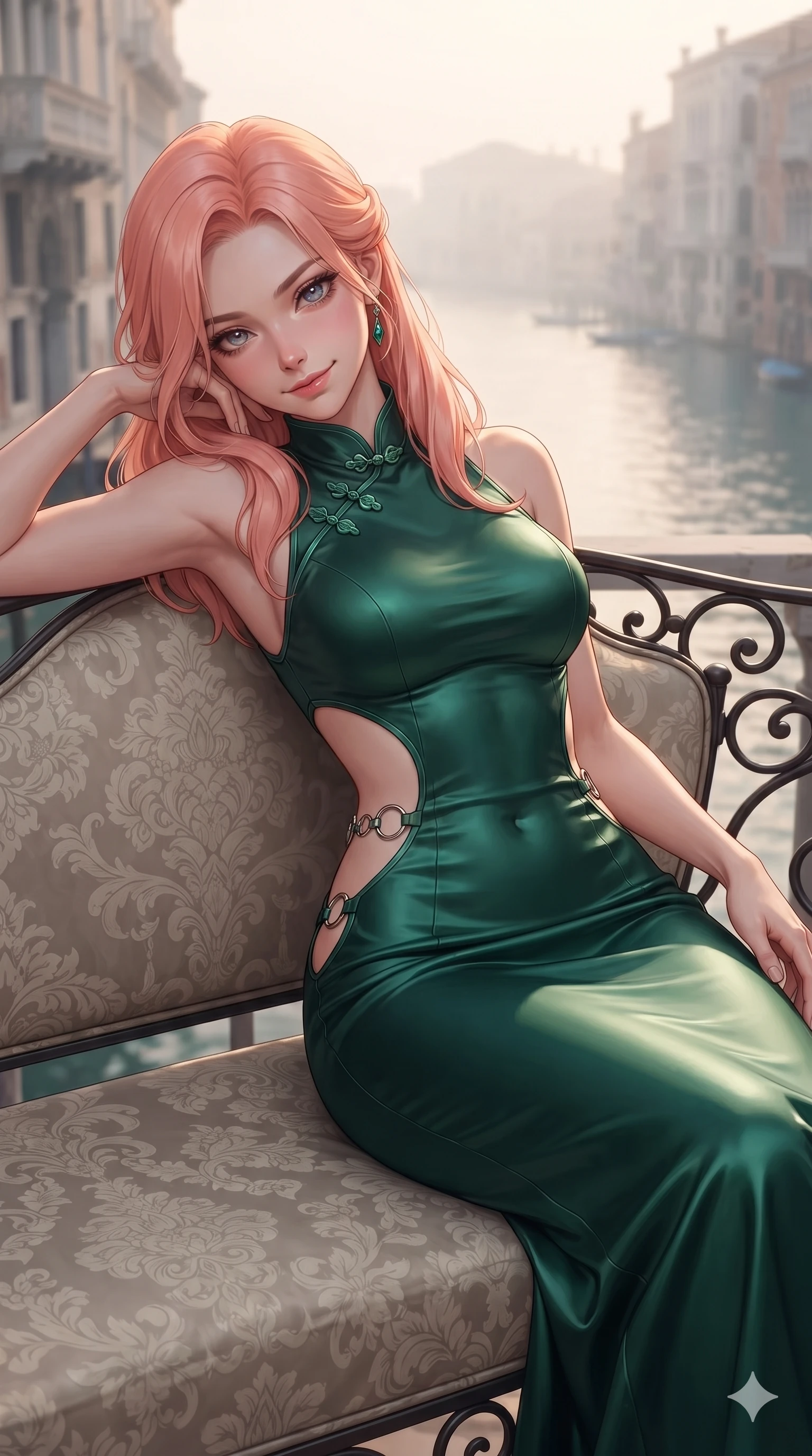 score_9, masterpiece, best quality, ultra-detailed, high-budget anime keyframe, editorial fashion photography, tasteful artistic composition, Japanese woman. close-up cowboy shot from the waist and thighs up, the character dominates the composition, filling the frame with her large presence. tilting her head with a teasing half-smile, running one hand slowly down the side of her hip in a flirtatious S-curve as ambient light caresses her silhouette while lounging languidly across a damask-upholstered wrought-iron settee on the balcony, her flat midriff and feminine hips bathed in soft Venetian dawn light. The background shows a soft-focus Venetian canal dawn haze softened in gothic palazzo balcony shallow focus. She has an exceptionally elegant, slender, and willowy female figure with an ultra-slim waist, flat toned midriff, narrow ribcage, and sculpted feminine hips creating an alluring, slim hourglass silhouette without bulk. sharp v-shaped jawline, high-bridge nose, intricate jewel-like sparkling eyes with depth, thick eyelashes, glossy parted lips with a natural sheen, intensely captivating and seductive bedroom-eyes expression, exuding both youthful cute charm and sovereign luxury allure, flawlessly proportioned anatomical accuracy, strict slender model proportions, natural body alignment, perfectly sculpted long slender limbs, ultra-slim waistline, clean dynamic posture without body distortion. wearing a sculptured liquid-satin mermaid gown with an architectural open-waist cutout and bare spine in deep emerald green satin and gold hardware accents, adorned with delicate chrome ring hardware and cutouts along her slender waist, finished with sleek jade frog closures glinting along her high collar, the form-contouring material adhering flawlessly to her sculpted flat midriff and slender torso, emphasizing her long leg lines and perfectly proportioned willowy build. bathed in the soft romantic 2800K dawn light reflecting off the tranquil canal waters with delicate warm golden highlights. ultra-reflective glossy finish, specular highlights, rich textural contrasts, high-contrast stereoscopic depth, volumetric dynamic lighting, 2k, ultra detail, master piece, 9:16 ratio