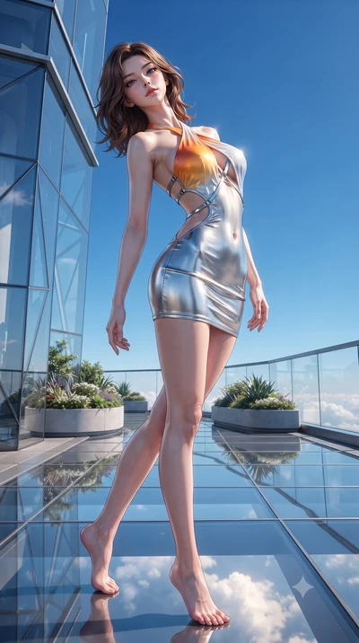 score_9, masterpiece, best quality, ultra-detailed, high-budget anime keyframe, editorial fashion photography, tasteful artistic composition, Korean woman. low angle full-body shot from head to toe showing her feet, filling the entire 9:16 vertical f