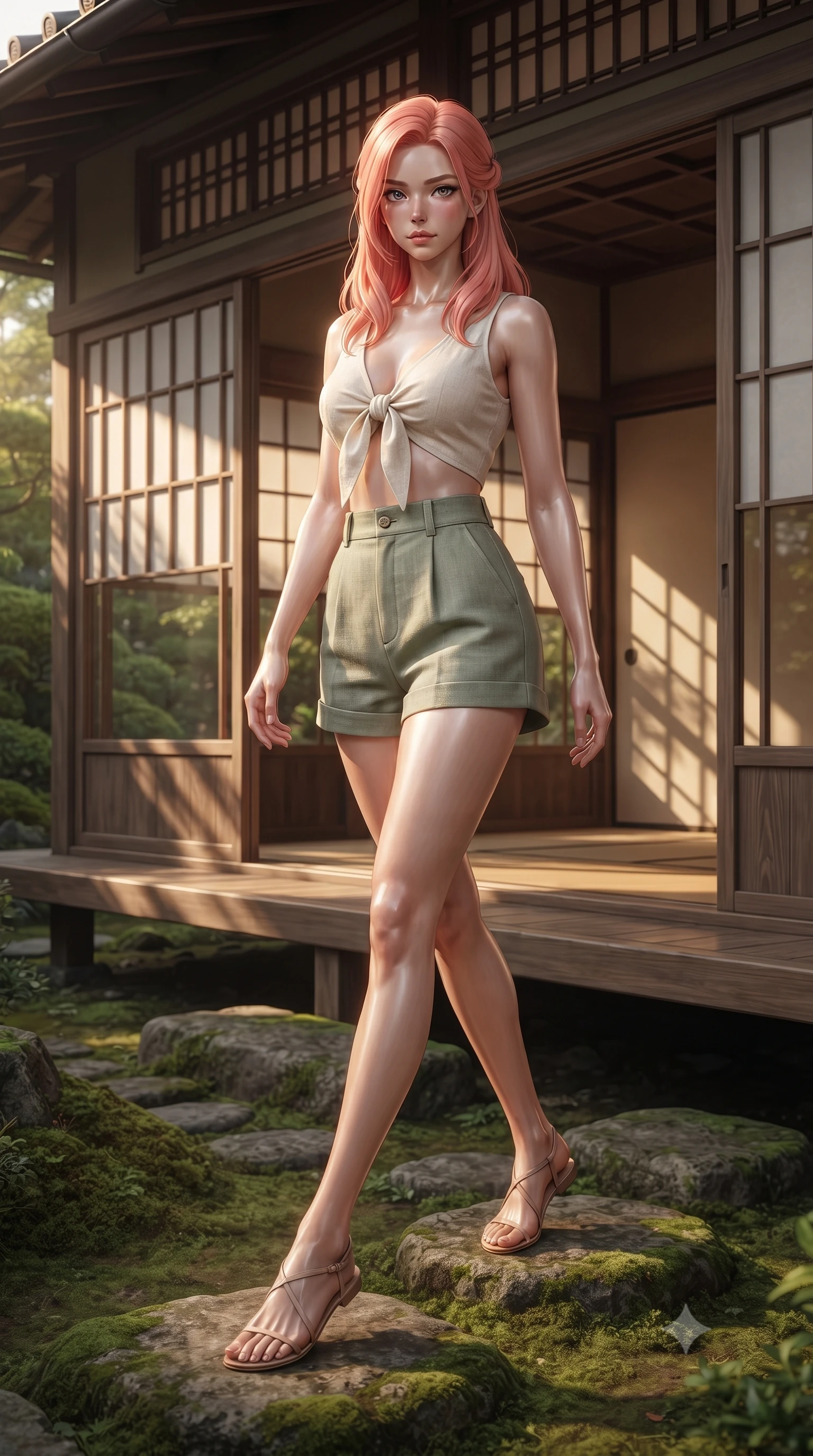 score_9, masterpiece, best quality, ultra-detailed, high-budget anime keyframe, editorial fashion photography, tasteful artistic composition, Japanese woman woman. low angle full-body shot from head to toe showing her feet, filling the entire 9:16 vertical frame with her statuesque presence, stretching her vertical silhouette. stepping gracefully across a stone path in the garden the background shows a soft-focus a wooden veranda (engawa) of a traditional Japanese house facing a serene moss garden. She has an absolutely perfect, statuesque 8.5-heads proportion, an exceptionally tall and slender model-like female figure with impossibly long slender legs and an ultra-slim waist. sharp v-shaped jawline, high-bridge nose, intricate jewel-like eyes with depth, thick eyelashes, glossy lips with a natural sheen. wearing a slim-fit chic summer outfit of a front-tie crop top and high-waisted linen shorts. soft late afternoon sunrays casting long wooden frame shadows on the paper screens. ultra-reflective glossy finish, specular highlights, metallic sheen, high-contrast stereoscopic depth, volumetric dynamic lighting, 2k, ultra detail, master piece, 9:16 ratio