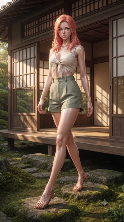 score_9, masterpiece, best quality, ultra-detailed, high-budget anime keyframe, editorial fashion photography, tasteful artistic composition, Japanese woman woman. low angle full-body shot from head to toe showing her feet, filling the entire 9:16 ve