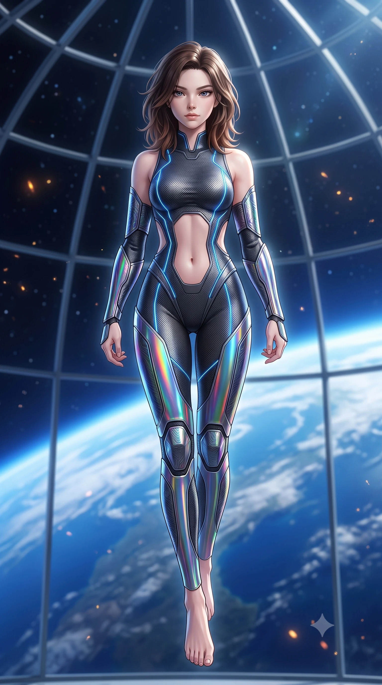 score_9, masterpiece, best quality, ultra-detailed, high-budget anime keyframe, semi-realistic 3D game render, editorial fashion photography, tasteful artistic composition, Korean woman. low angle full-body shot from head to toe showing her feet, filling the entire 9:16 vertical frame with her statuesque presence, stretching her vertical silhouette. striding forward with sovereign warrior elegance in a low, predatory combat advance, hips swaying with fierce athletic poise from head to toe while floating in zero-gravity inside a soaring glass dome dojo overlooking the brilliant blue curvature of Earth while striking a serene martial arts pose. The composition keeps background elements in soft focus with creamy bokeh. distant starlight and solar flare rays scattering soft glowing light motes across a deep space backdrop. She has an absolutely perfect, statuesque 8.5-heads proportion, an exceptionally tall and slender model-like female figure with impossibly long slender legs, a toned flat midriff, and an ultra-slim waist. sharp v-shaped jawline, high-bridge nose, intricate jewel-like eyes with depth, thick eyelashes, glossy lips with a natural sheen, flawlessly proportioned anatomical accuracy, strict slender model proportions, natural body alignment, perfectly sculpted long slender limbs, ultra-slim waistline, clean dynamic posture without body distortion. wearing an aerodynamic dark titanium carbon-mesh jumper with glowing blue fiber lines and reinforced Damascus-pattern arm guards in high-gloss iridescent rainbow carbon with prism holographic sheen, crafted from semi-translucent cybernetic carbon-vinyl interwoven with glowing micro-filaments, finished with high-mobility flexible limb seams and miniature magnetic armor locks, the precision-cut daring openings accentuating her delicate midriff, graceful bare collarbones, and ultra-slim feminine waistline. surrounded by an awe-inspiring, serene, and radiantly supreme celestial martial goddess aura. rich saturated anime colors with glowing neon highlights, detailed shading with soft gradients, rich glossy textures, high-contrast stereoscopic depth, volumetric dynamic lighting, master piece, 9:16 ratio