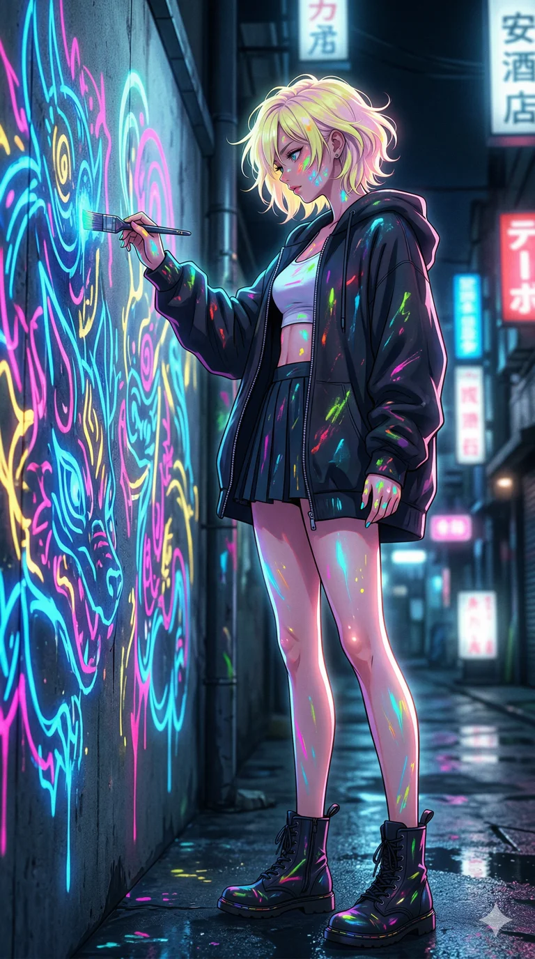 score_9, masterpiece, best quality, ultra-detailed, semi-realistic high-budget anime keyframe, an incredibly beautiful Japanese woman. Low angle cowboy shot filling the frame. She is a street artist painting a mural with glowing liquid paint. She has an absolutely perfect 8-heads proportion, an exceptionally tall and slender female figure with long slender legs. Her face is a masterpiece with pastel yellow hair and paint splatters. She is wearing an oversized unzipped hoodie over a micro top and skirt, highlighting her alluring silhouette. Neon paint glows and city street, dramatic rim lighting, radiant glowing skin, 2k, ultra detail, master piece, 9:16 ratio