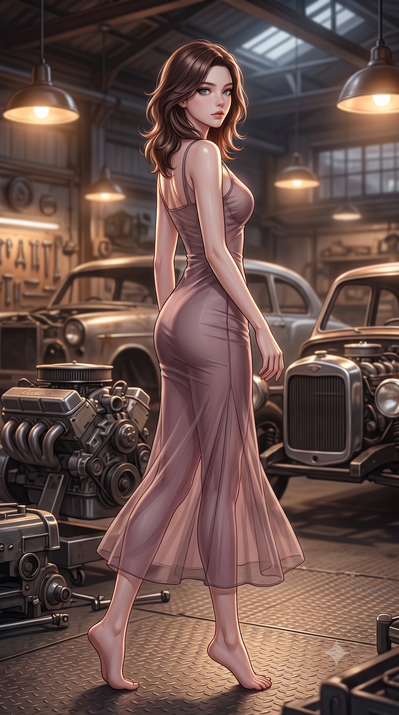 score_9, masterpiece, best quality, ultra-detailed, high-budget anime keyframe, editorial fashion photography, tasteful artistic composition, Korean woman. low angle full-body shot from head to toe showing her feet, filling the entire 9:16 vertical frame with her statuesque presence, stretching her vertical silhouette. stepping gracefully while looking back over her shoulder, her dress draped tightly to reveal her silhouette the background shows a soft-focus a vintage car restoration hangar filled with engine blocks and metallic tools. She has an absolutely perfect, statuesque 8.5-heads proportion, an exceptionally tall and slender model-like female figure with impossibly long slender legs and an ultra-slim waist. sharp v-shaped jawline, high-bridge nose, intricate jewel-like eyes with depth, thick eyelashes, glossy lips with a natural sheen. wearing a slim-fit sheer organza dress in dusty mauve, showing her slender torso and willowy silhouette. warm industrial lamps casting cozy, soft shadows on the metal panels. ultra-reflective glossy finish, specular highlights, metallic sheen, high-contrast stereoscopic depth, volumetric dynamic lighting, 2k, ultra detail, master piece, 9:16 ratio