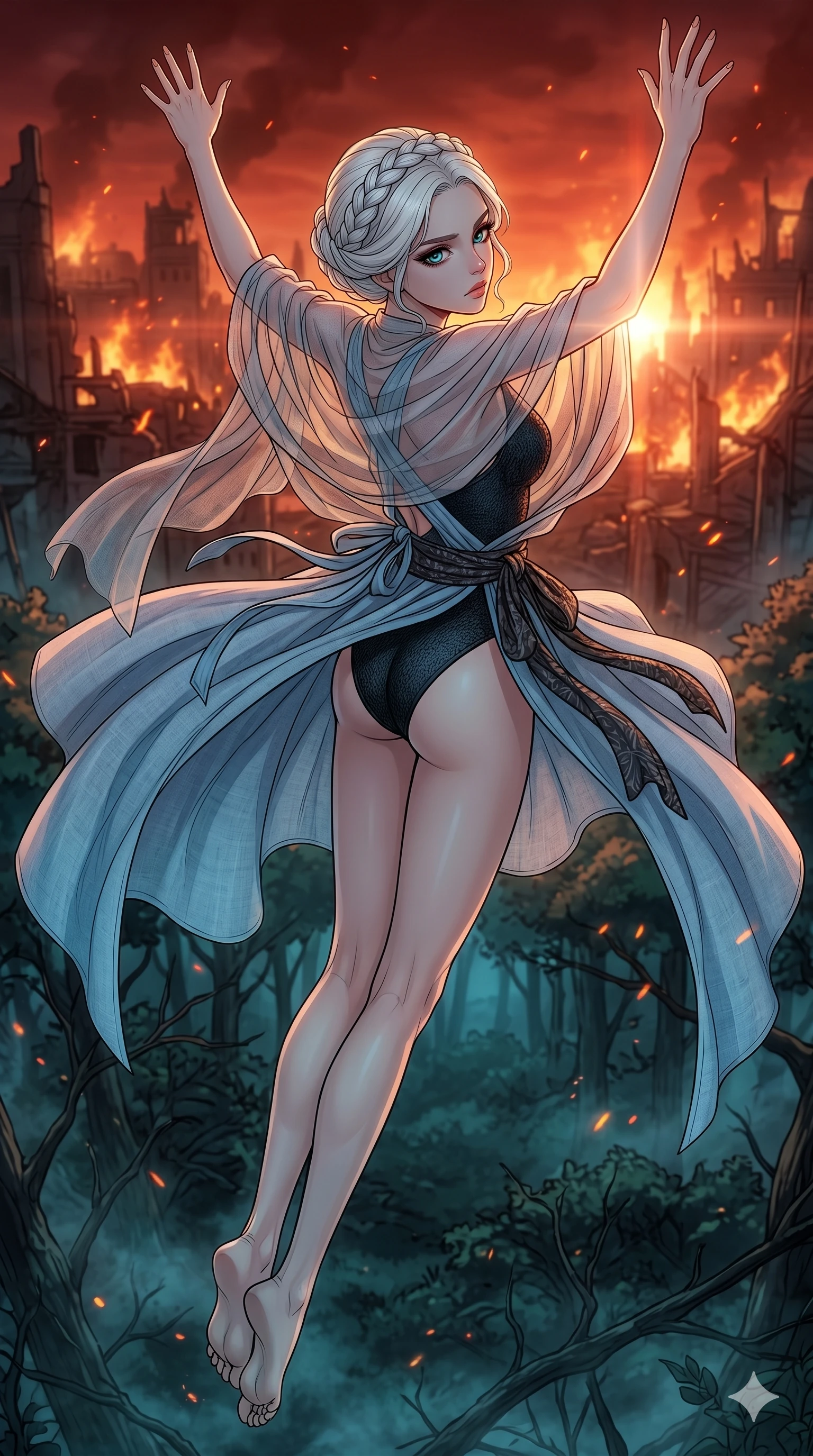 score_9, masterpiece, best quality, ultra-detailed, high-budget anime movie keyframe, cinematic anime lighting, intricate line art, Caucasian (strictly human ears) anime girl. Extreme high angle shot as she leaps towards the camera, filling the frame. looking back at a burning city as she walks into the dark forest. She has an absolutely perfect 8-heads proportion, an exceptionally tall and slender female figure with an ultra-slim waist and impossibly long slender legs. strictly human anatomy, two legs only, no extra limbs, clearly defined legs and arms, perfect anatomy, perfect hands and fingers. sharp v-shaped jawline, high-bridge nose, intricate jewel-like eyes, thick eyelashes, glossy lips. Wearing Seasonal/Resort: High-cut one-piece with sarong, linen sundress with tie-back, and sheer fabric wrap. The scene is illuminated by dramatic atmospheric lighting and vibrant color palettes. , 2k, ultra detail, master piece, 9:16 ratio