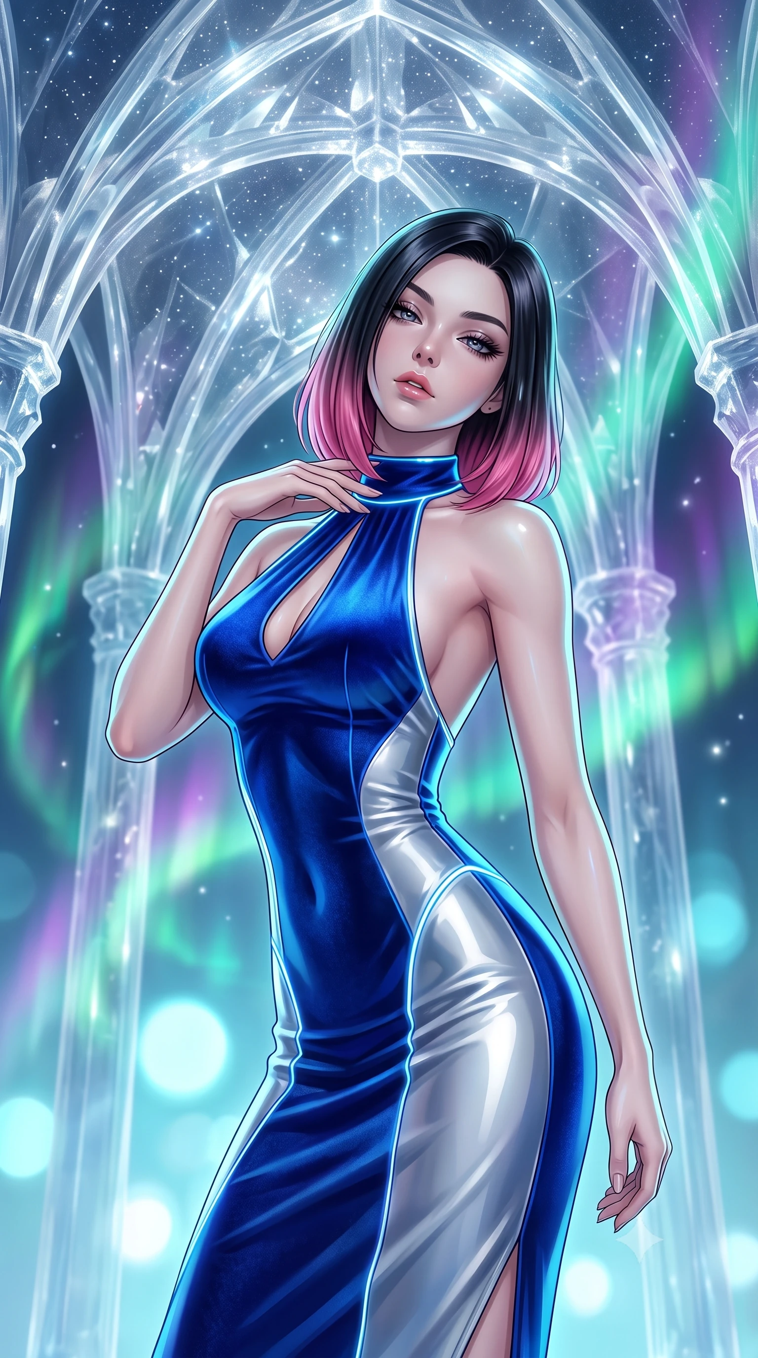 score_9, masterpiece, best quality, ultra-detailed, high-budget anime keyframe, semi-realistic 3D game render, editorial fashion photography, tasteful artistic composition, Korean woman. close-up cowboy shot from the waist and thighs up, the character dominates the composition, filling the frame with her large presence. casting a slow, smoldering gaze beneath heavy lashes with parted glossy lips, her head slightly tilted in captivating self-assurance while arching her spine in a fluid stretch under a towering cathedral of transparent ice with starlight refracting through arches. The composition keeps background elements in soft focus with creamy bokeh. swirling emerald and violet aurora ribbons and crystal ice arches blurred into radiant, luminous cyan bokeh. She has an exceptionally elegant, slender, and willowy female figure with an ultra-slim waist, a gracefully sculpted slender torso, toned flat midriff, and a refined slim silhouette. sharp v-shaped jawline, high-bridge nose, intricate jewel-like eyes with depth, thick eyelashes, glossy lips with a natural sheen, flawlessly proportioned anatomical accuracy, strict slender model proportions, natural body alignment, perfectly sculpted long slender limbs, ultra-slim waistline, clean dynamic posture without body distortion. wearing a velvet halter-neck midi dress fitting her statuesque contour flawlessly with a Tasteful chest slit and open spine in liquid electric cobalt blue and polished silver, tailored from semi-translucent cybernetic vinyl with glowing micro-filaments, accented with glowing fiber-optic seams tracing her collarbones and hip curves, the sleek second-skin cut tightly hugging her graceful clavicle, narrow waist, and feminine curves with athletic precision. illuminated by cool white key light and crisp cyan rim highlights tracing her slender curves. highly saturated vibrant anime colors, detailed shading with soft gradients, rich glossy textures, high-contrast stereoscopic depth, volumetric dynamic lighting, master piece, 9:16 ratio