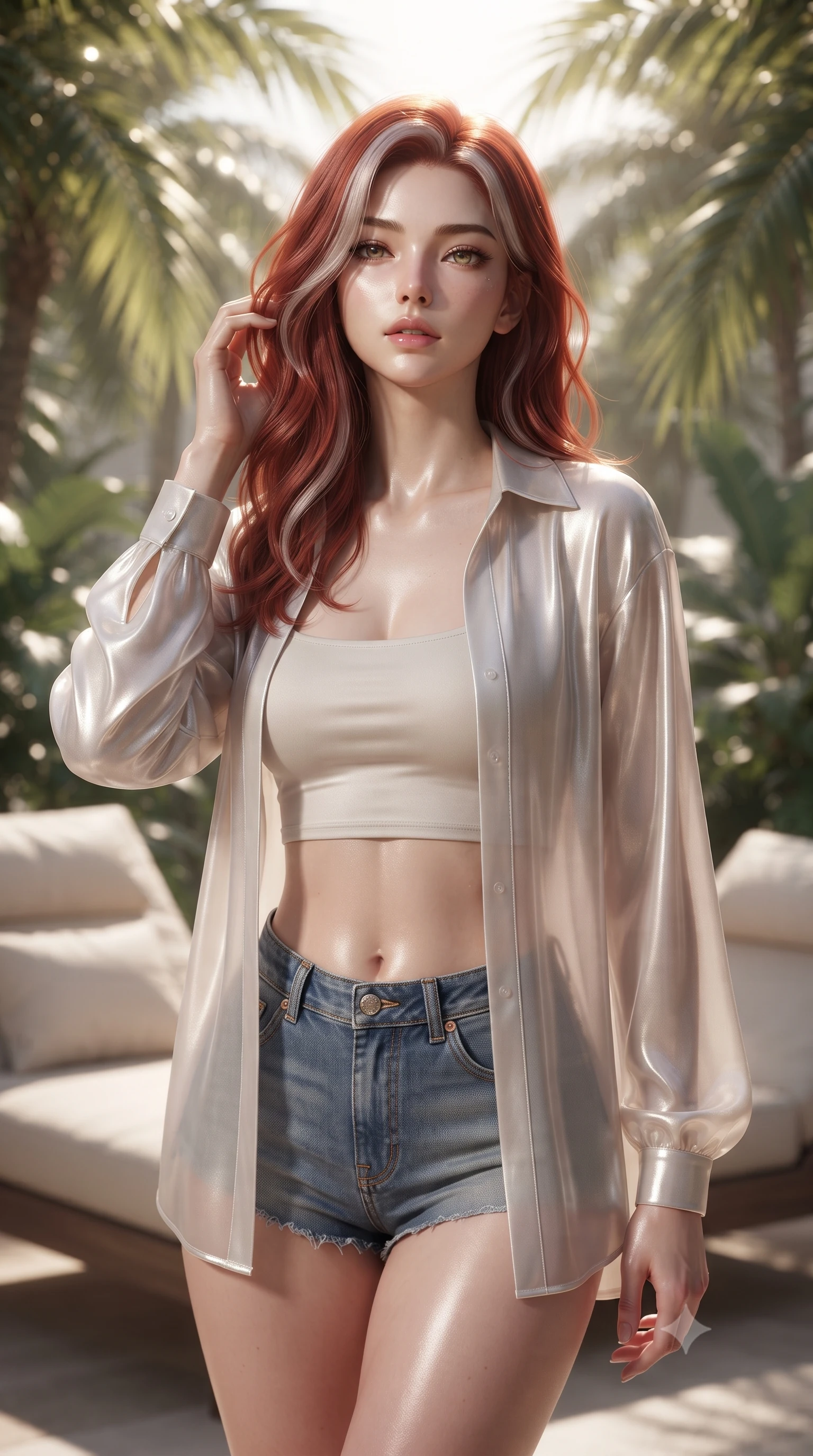 score_9, masterpiece, best quality, ultra-detailed, high-budget anime keyframe, editorial fashion photography, tasteful artistic composition, Caucasian woman. close-up cowboy shot from the waist and thighs up, the character dominates the composition, filling the frame with her large presence, background elements kept in soft focus. tilting her chin up slightly with lips parted in a composed, provocative expression the background shows a soft-focus a secluded resort veranda with plush sun loungers and tropical foliage. She has an exceptionally elegant, slender, and willowy female figure with an ultra-slim waist, a gracefully sculpted slender torso, and a refined silhouette. sharp v-shaped jawline, high-bridge nose, intricate jewel-like eyes with depth, thick eyelashes, glossy lips with a natural sheen. wearing a form-contouring lightweight chiffon cover-up shirt worn open over a crop top and high-cut shorts. soft morning sunlight filtered through palm fronds. ultra-reflective glossy finish, specular highlights, metallic sheen, high-contrast stereoscopic depth, volumetric dynamic lighting, 2k, ultra detail, master piece, 9:16 ratio