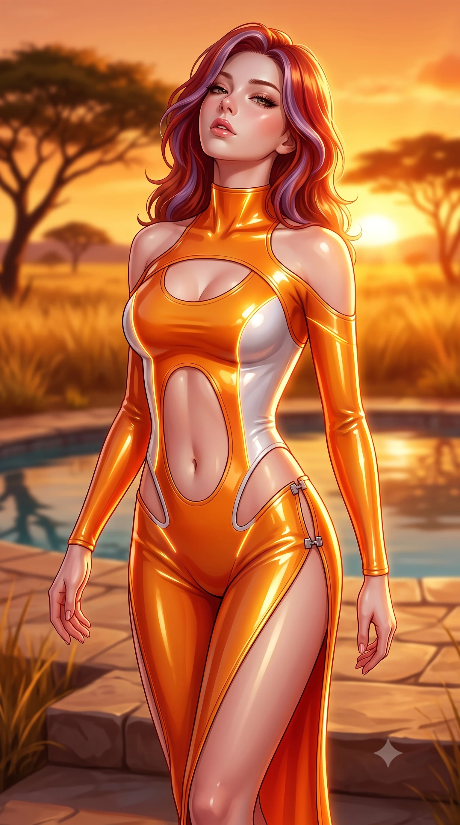 score_9, masterpiece, best quality, ultra-detailed, high-budget anime keyframe, semi-realistic 3D game render, editorial fashion photography, tasteful artistic composition, Caucasian woman. close-up cowboy shot from the waist and thighs up, the character dominates the composition, filling the frame with her large presence. tilting her head back with a sensual alluring expression, exposing her throat and shoulders to the camera with heavy lashes and softly parted glossy lips while stepping down stone terrace steps toward the acacia-fringed pool as sunset rays trace her athletic, feminine curves. The composition keeps background elements in soft focus with creamy bokeh. golden savannah grasslands and silhouetted acacia trees blurred into rich amber and fiery orange bokeh. She has an exceptionally elegant, slender, and willowy female figure with an ultra-slim waist, a gracefully sculpted slender torso, toned flat midriff, and a refined slim silhouette. sharp v-shaped jawline, high-bridge nose, intricate jewel-like eyes with depth, thick eyelashes, glossy lips with a natural sheen, flawlessly proportioned anatomical accuracy, strict slender model proportions, natural body alignment, perfectly sculpted long slender limbs, ultra-slim waistline, clean dynamic posture without body distortion. wearing a skin-tight cybernetic bodysuit with glowing neon seams, deep hip cutouts, and an aerodynamic athletic fit in vivid sunset amber orange and cloud white, crafted from ultra-reflective second-skin latex with a high-gloss glass-like polish, finished with an ultra-high side slit secured by miniature magnetic clasps, the precision-cut daring openings accentuating her delicate midriff, graceful bare collarbones, and ultra-slim feminine waistline. bathed in blazing golden hour sunset radiance and warm amber horizon fill light. highly saturated vibrant anime colors, detailed shading with soft gradients, rich glossy textures, high-contrast stereoscopic depth, volumetric dynamic lighting, master piece, 9:16 ratio