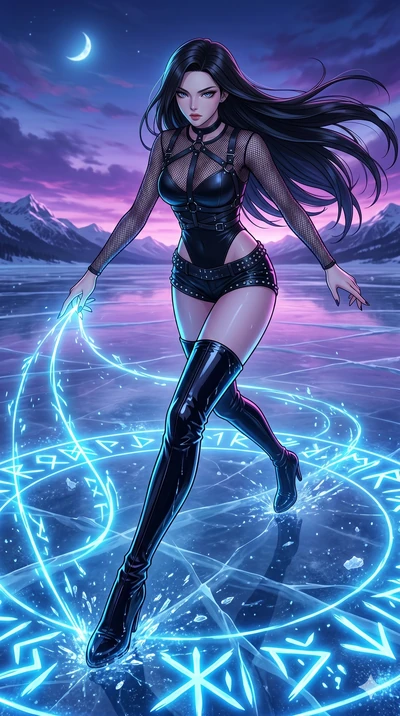 score_9, masterpiece, best quality, ultra-detailed, high-budget anime movie keyframe, cinematic anime lighting, intricate line art, Korean anime girl. Low angle cowboy shot capturing a powerful motion and statuesque presence. gliding across a frozen 