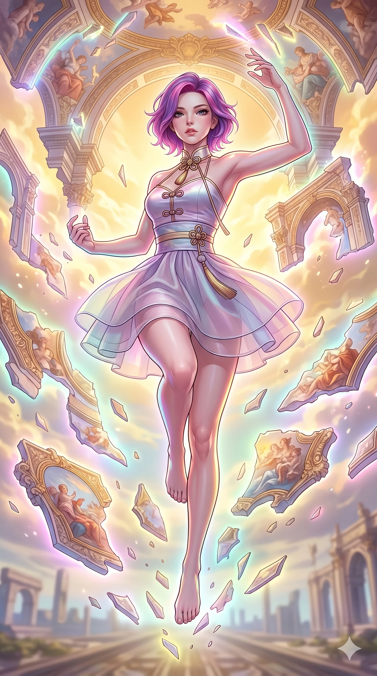 score_9, masterpiece, best quality, ultra-detailed, high-budget anime keyframe, Caucasian woman, strictly human ears. upper body close-up from the thighs up, character filling the screen for maximum presence. propelling herself off digital baroque ceiling fresco shards that float and reassemble in a golden sky. She has an absolutely perfect 8-heads proportion, an exceptionally tall and slender female figure with impossibly long slender legs and an ultra-slim waist. V-shaped jawline, high-bridge nose, intricate jewel-like eyes with depth, thick eyelashes, glossy lips with a natural sheen.. wearing a modern fusion silk hanbok dress, featuring a silk bustier top, layered sheer organza skirts, and a traditional knot choker. enhanced by a luminous pastel spectrum glow, casting elegant rim lights on her shoulders and jawline. 2k, ultra detail, master piece, 9:16 ratio
