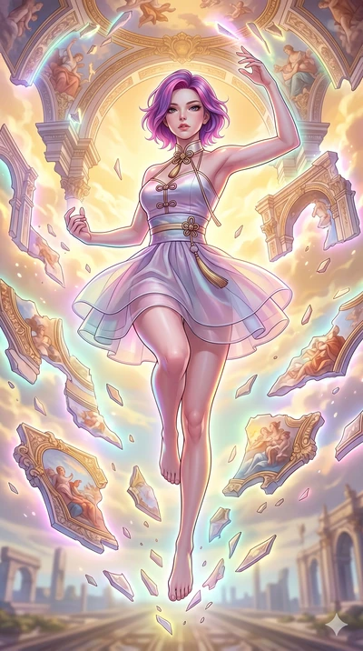 score_9, masterpiece, best quality, ultra-detailed, high-budget anime keyframe, Caucasian woman, strictly human ears. upper body close-up from the thighs up, character filling the screen for maximum presence. propelling herself off digital baroque ce