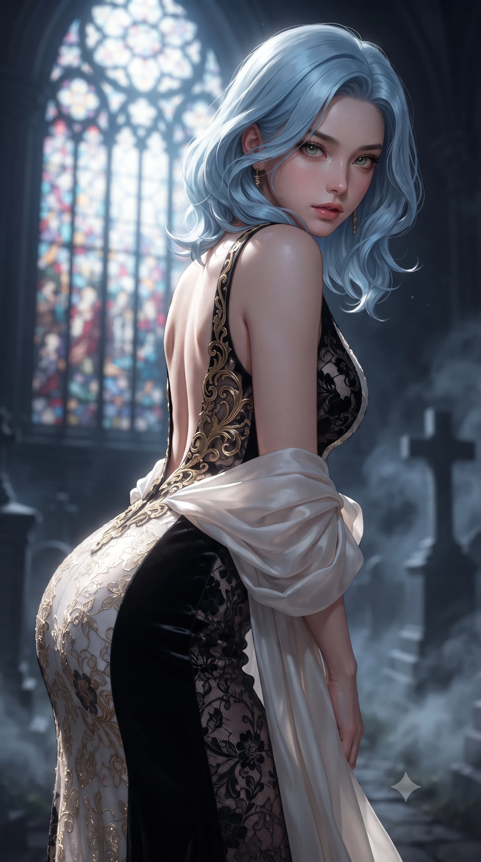 score_9, masterpiece, best quality, ultra-detailed, high-budget anime keyframe, editorial fashion photography, tasteful artistic composition, Korean woman. close-up cowboy shot from the waist and thighs up, the character dominates the composition, filling the frame with her large presence. leaning forward toward the camera with playful, breathtaking intimacy, eyes locked onto the viewer with irresistible charisma while arching her back in an alluring dance-like pause as moonlight pours through a colossal rose stained-glass window. The composition keeps background elements in soft focus with creamy bokeh. swirling night mist and distant cemetery monuments softened in cinematic shallow focus. She has an exceptionally elegant, slender, and willowy female figure with an ultra-slim waist, a gracefully sculpted slender torso, toned flat midriff, and a refined slim silhouette. sharp v-shaped jawline, high-bridge nose, intricate jewel-like eyes with depth, thick eyelashes, glossy parted lips with a natural sheen, intensely captivating and seductive expression, flawlessly proportioned anatomical accuracy, strict slender model proportions, natural body alignment, perfectly sculpted long slender limbs, ultra-slim waistline, clean dynamic posture without body distortion. wearing a sleek obsidian column dress with gold filigree waist cincher and plunging backline in high-contrast black velvet and pearl white, formed from shimmering floral lace over smooth opaque silk lining, finished with a gossamer silk shawl draped loosely over her elbows, the glove-like aerodynamic second-skin fit tightly clinging to her ultra-slender waist and feminine curves without adding bulk. illuminated by crisp specular highlights defining her sculpted jawline, bare spine, and long limbs. ultra-reflective glossy finish, specular highlights, rich textural contrasts, high-contrast stereoscopic depth, volumetric dynamic lighting, 2k, ultra detail, master piece, 9:16 ratio