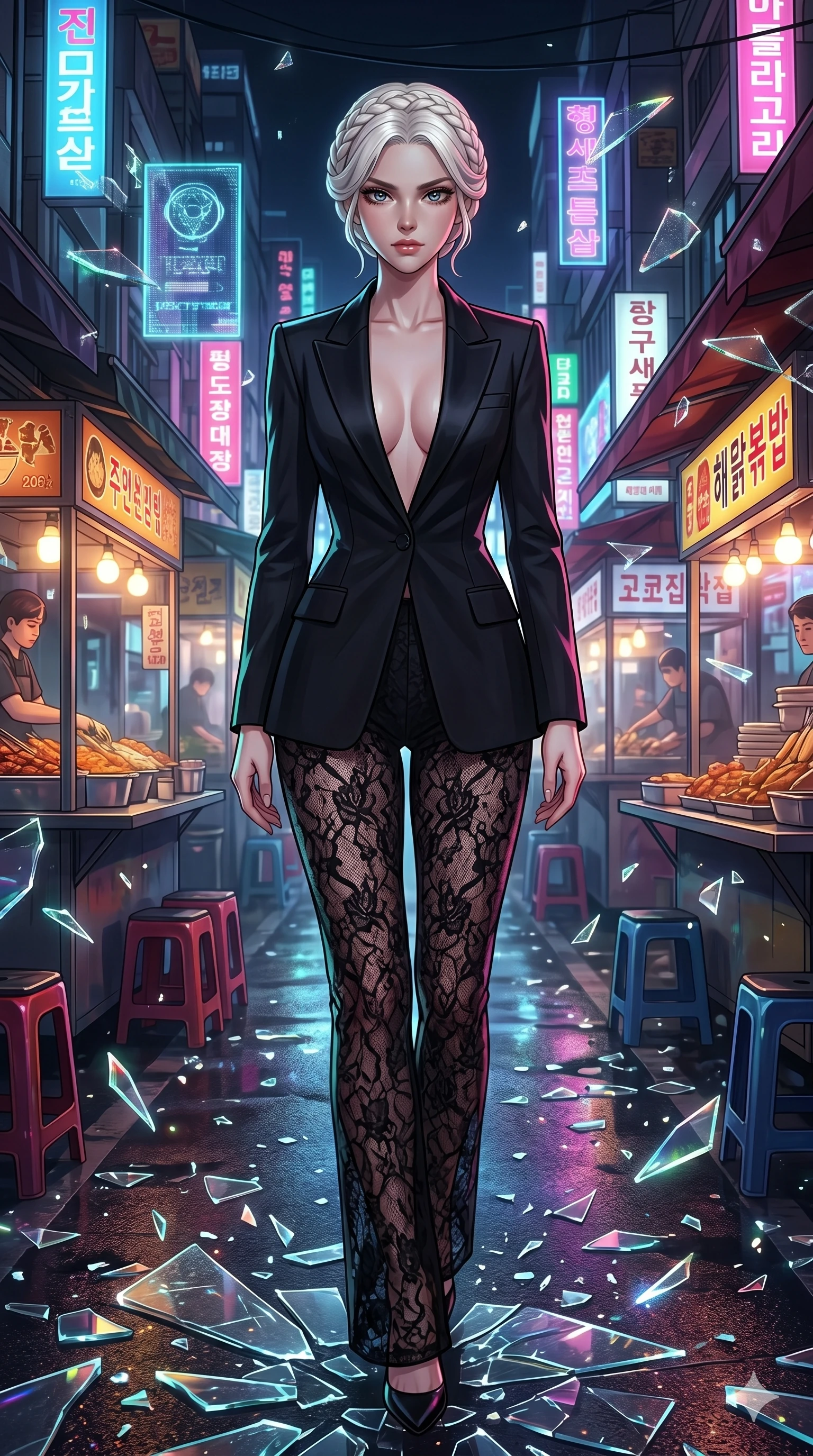 score_9, masterpiece, best quality, ultra-detailed, Set A: High-budget Anime Keyframe, Korean woman. Upper body close-up from the thighs up, character filling the screen for maximum presence. Walking gracefully through a neon-lit Neo-Seoul market, with a look of intense determination reflecting the fires of 107 and surrounded by shattered glass fragments. She has an absolutely perfect 8-heads proportion, an exceptionally tall and slender female figure with impossibly long slender legs and an ultra-slim waist. Sharp v-shaped jawline, high-bridge nose, intricate jewel-like eyes with depth, thick eyelashes, glossy lips with a natural sheen. Wearing High-fashion structured blazer with nothing underneath, paired with sheer lace trousers. Cinematic lighting, vibrant colors, dramatic shadows, 2k, ultra detail, master piece, 9:16 ratio