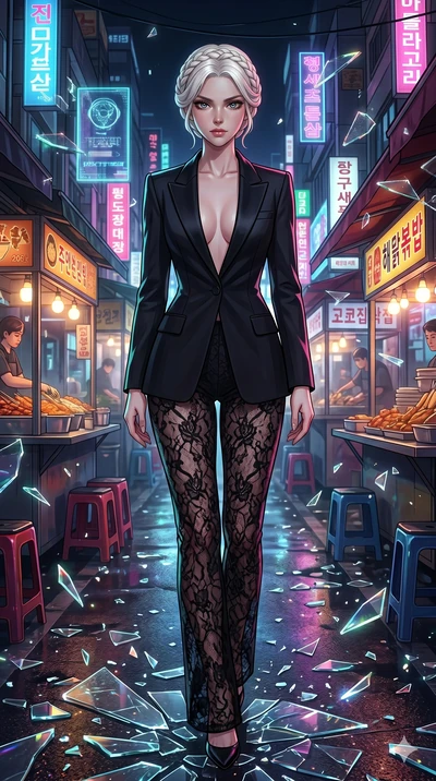 score_9, masterpiece, best quality, ultra-detailed, Set A: High-budget Anime Keyframe, Korean woman. Upper body close-up from the thighs up, character filling the screen for maximum presence. Walking gracefully through a neon-lit Neo-Seoul market, wi