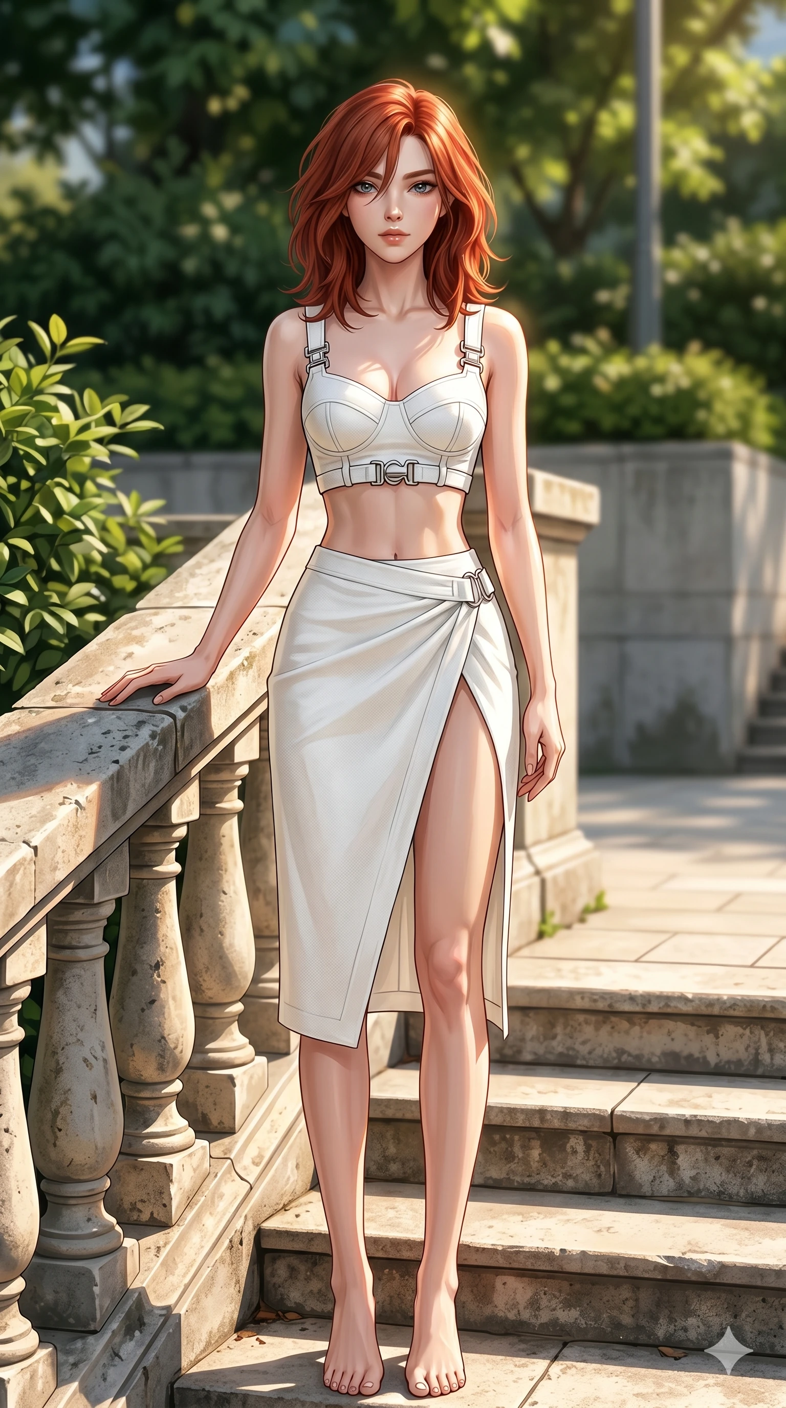 score_9, masterpiece, best quality, ultra-detailed, high-budget anime keyframe, editorial fashion photography, tasteful artistic composition, Korean woman. cowboy shot from the thighs up, character and outfit filling the frame for maximum editorial presence. posing with bright, confident self-assurance, one hand on the stone railing standing on a stone staircase in a sunny modern park. She has an absolutely perfect 8-heads proportion, an exceptionally tall and slender female figure with impossibly long slender legs and an ultra-slim waist. V-shaped jawline, high-bridge nose, intricate jewel-like eyes with depth, thick eyelashes, glossy lips with a natural sheen. wearing a structured white crop top with chrome hardware and high-slit wrap skirt. drenched in brilliant midday sunshine casting sharp, warm rays on her figure. 2k, ultra detail, master piece, 9:16 ratio