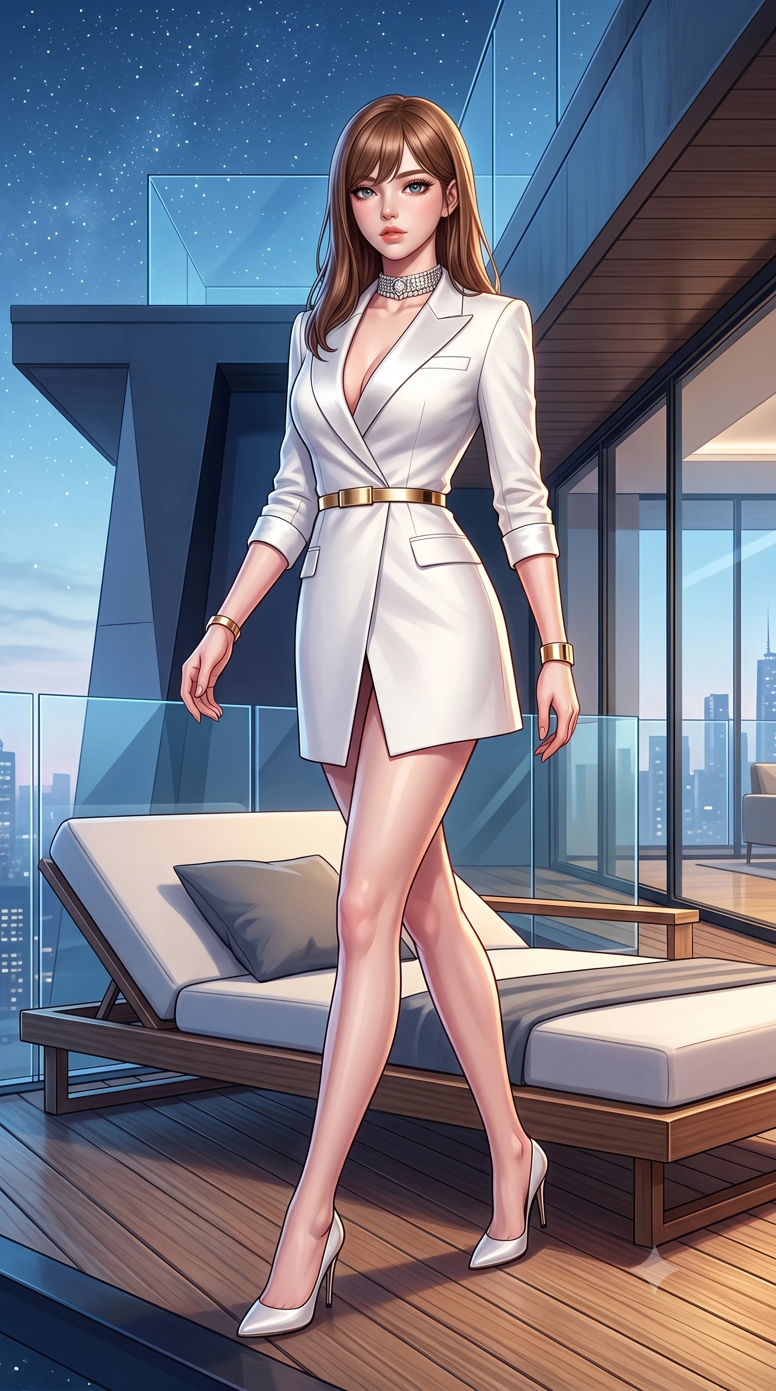 score_9, masterpiece, best quality, ultra-detailed, high-budget anime keyframe, semi-realistic 3D game render, editorial fashion photography, tasteful artistic composition, Korean woman. low angle full-body shot from head to toe showing her feet, filling the entire 9:16 vertical frame with her statuesque presence, stretching her vertical silhouette. stepping forward gracefully in mid-motion, displaying her toned flat midriff and flawlessly sculpted slender limbs while arching her spine in a relaxed yet alluring pose on a modern lounge daybed under starry penthouse skylights. The surrounding environment is rendered in vivid detail and crisp panoramic clarity. crystal-clear penthouse glass railings, modern teak wood decking, and sharp architectural angles in deep focus. She has an absolutely perfect, statuesque 8.5-heads proportion, an exceptionally tall and slender model-like female figure with impossibly long slender legs, a toned flat midriff, and an ultra-slim waist. sharp v-shaped jawline, high-bridge nose, intricate jewel-like eyes with depth, thick eyelashes, glossy lips with a natural sheen, captivating and magnetic expression, flawlessly proportioned anatomical accuracy, strict slender model proportions, natural body alignment, perfectly sculpted long slender limbs, ultra-slim waistline, clean dynamic posture without body distortion. wearing a chic tailored white tuxedo jacket dress with satin lapels and an ultra-slim waist-cinching gold belt in pristine royal white and brushed gold, made of structured fine wool crepe and liquid silk satin, accessorized with a bold diamond choker and minimalist gold cuffs edition #34, the liquid-tight tailored fabric emphasizing every curve of her tall, slender model proportions and sculptured silhouette during dynamic movement. surrounded by a cosmopolitan, elite, and intensely magnetic modern royalty aura. highly saturated vibrant anime colors, detailed shading with soft gradients, rich glossy textures, high-contrast stereoscopic depth, volumetric dynamic lighting, master piece, 9:16 ratio
