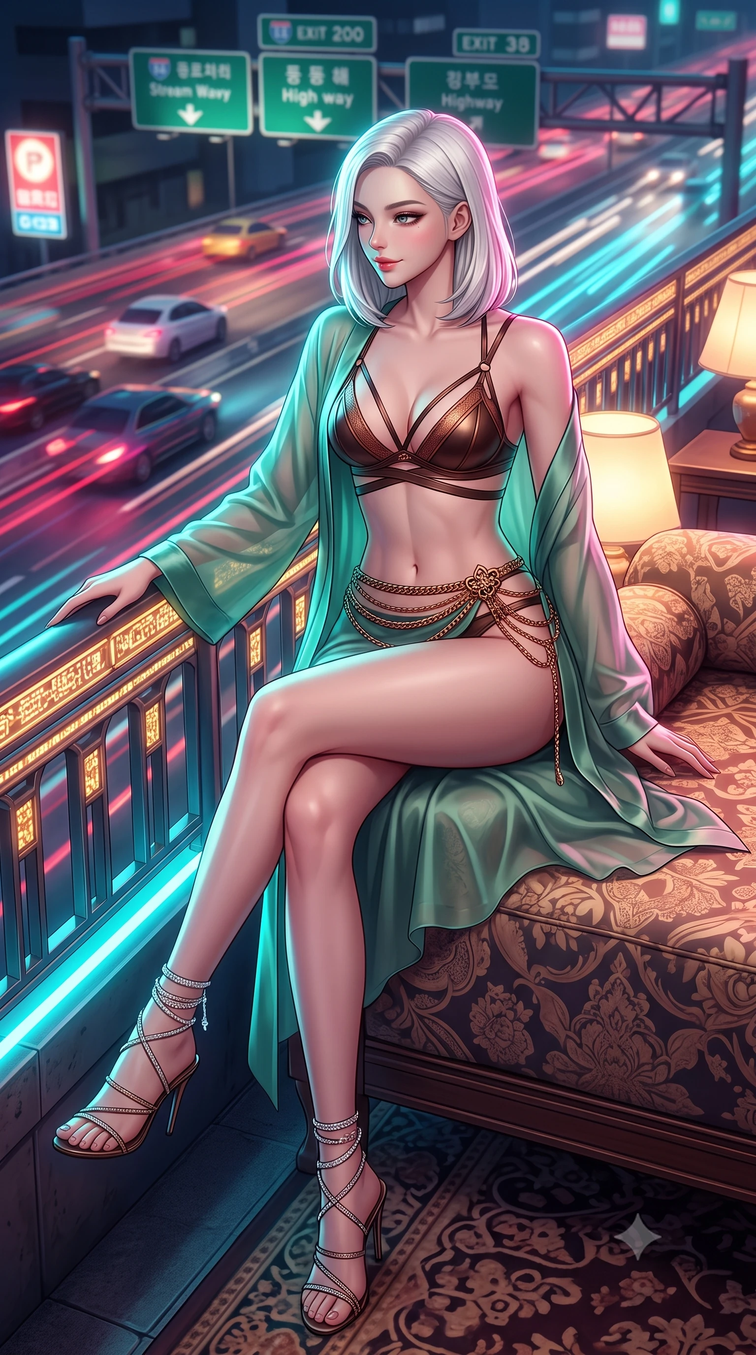 score_9, masterpiece, best quality, ultra-detailed, high-budget anime keyframe, semi-realistic 3D game render, editorial fashion photography, tasteful artistic composition, Korean woman. low angle full-body shot from head to toe showing her feet, filling the entire 9:16 vertical frame with her statuesque presence, stretching her vertical silhouette. lounging on the lavish daybed with legs crossed and hips angled toward the camera, displaying her toned midriff and long slender limbs with effortless siren poise while leaning against the illuminated highway safety rail with hips cocked back, looking over a bare shoulder toward roaring traffic trails below. The background shows a soft-focus highway overhead gantry signage softened in high-octane retro city shallow focus. She has an absolutely perfect, statuesque 8.5-heads proportion, an exceptionally tall and slender model-like female figure with impossibly long slender legs, an ultra-slim waist, a flat toned midriff, narrow delicate ribcage, and beautifully sculpted feminine hips creating a graceful, slim hourglass silhouette without any bulky heaviness. sharp v-shaped jawline, high-bridge nose, sparkling eyes with hypnotic seductive depth, thick curled eyelashes, glossy parted lips with a natural dewy peach sheen, alluring bedroom-eyes with an enchanting coquettish smile, exuding magnetic siren charisma and sophisticated glamour, flawlessly proportioned anatomical accuracy, strict slender model proportions, natural body alignment, perfectly sculpted long slender limbs, ultra-slim waistline, clean dynamic posture without body distortion. wearing a delicate semi-sheer jade silk boudoir robe worn loose and slipping off bare shoulders over a matching strappy bralette in sultry espresso bronze and metallic copper, woven from buttery-soft stretch lambskin leather adhering to her body like a second skin, complemented by strappy stiletto sandals with crystal ankle wraps accentuating her slender calves, the precision-cut side openings and low-back scoop framing her graceful spine and the sensual sweep of her slim, toned hips. illuminated by passing car headlight streaks and sharp electric-cyan rim lights defining her razor-sharp jawline, narrow waist, and curvy hips. highly saturated vibrant anime colors, detailed shading with soft gradients, rich glossy textures, high-contrast stereoscopic depth, volumetric dynamic lighting, master piece, 9:16 ratio