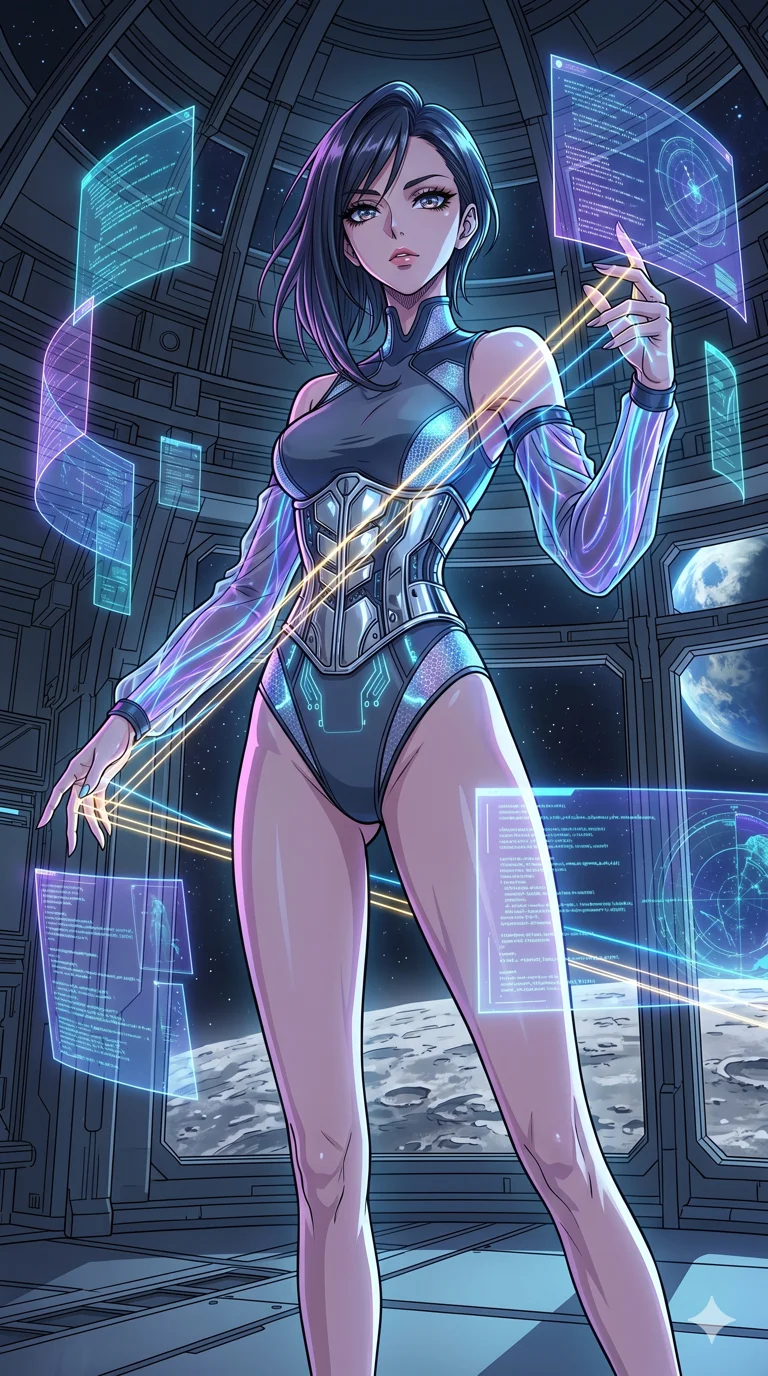 score_9, masterpiece, best quality, ultra-detailed, high-budget anime movie keyframe, cinematic anime lighting, intricate line art, Japanese anime girl. Low angle cowboy shot filling the entire 9:16 frame with her statuesque presence. weaving threads of light in a lunar observatory surrounded by floating data-shards. She has an absolutely perfect 8-heads proportion, an exceptionally tall and slender female figure with an ultra-slim waist and impossibly long slender legs. sharp v-shaped jawline, high-bridge nose, intricate jewel-like eyes, thick eyelashes, glossy lips. Wearing asymmetrical high-cut tech-bodysuit with detached glowing sleeves, chrome-plated mechanical corset, and bioluminescent mesh panels clinging to her slender figure. The scene is illuminated by dramatic atmospheric lighting and vibrant color palettes. 2k, ultra detail, master piece, 9:16 ratio