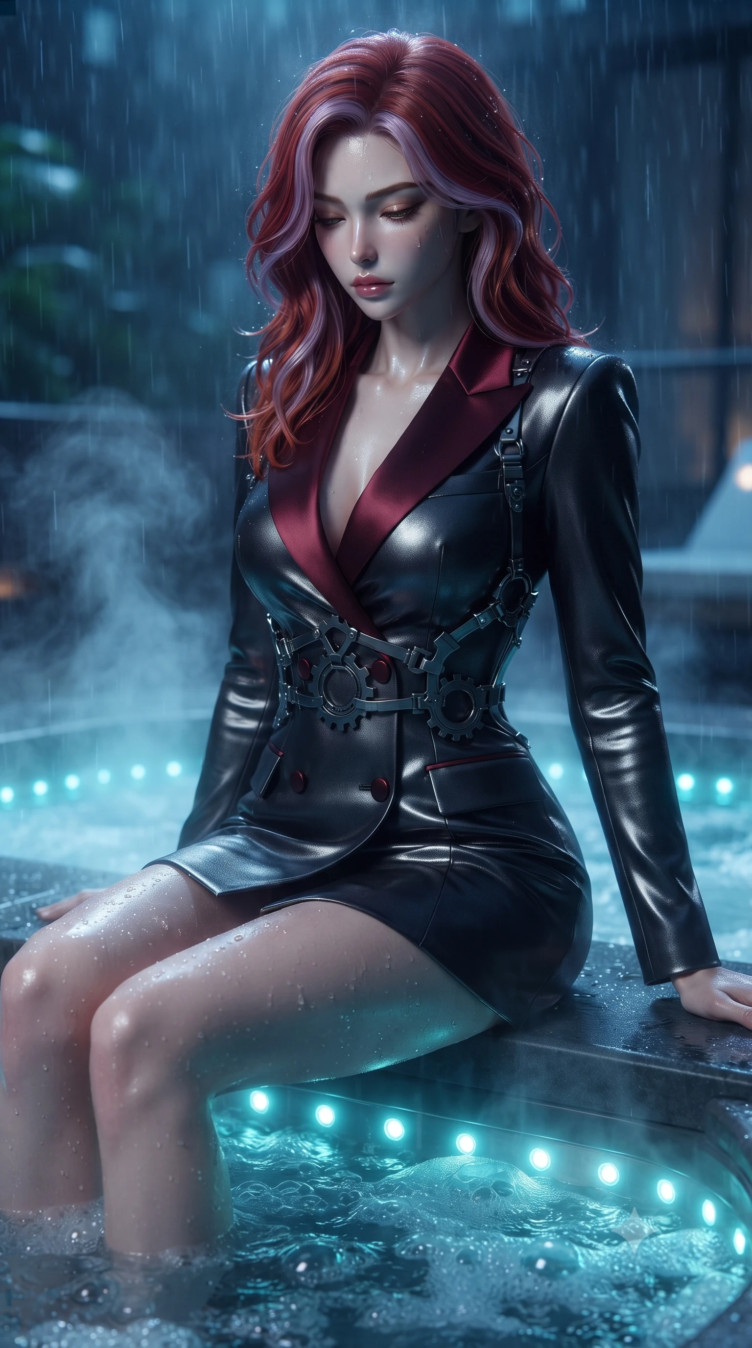 score_9, masterpiece, best quality, ultra-detailed, high-budget anime keyframe, editorial fashion photography, tasteful artistic composition, Caucasian woman. close-up cowboy shot from the waist and thighs up, the character dominates the composition, filling the frame with her large presence, background elements kept in soft focus. Looking down with lowered lashes and a composed, powerful dark aura, resting on a dark slate bench as steam rises into the cool nocturnal rain, steaming jacuzzi water bubbles reflecting bright aqua LED rim lights. She has an exceptionally elegant, slender, and willowy female figure with an ultra-slim waist, a gracefully sculpted slender torso, and a refined silhouette. sharp v-shaped jawline, high-bridge nose, intricate jewel-like eyes with depth, thick eyelashes, glossy lips with a natural sheen. wearing tailored double-breasted obsidian blazer dress with silk lapels in deep crimson burgundy, made of liquid dark mercury jersey, highlighted by a gunmetal metallic harness structure, sculpting her athletic slender build with refined precision. surrounded by a cool rain-soaked ambiance with sharp rim highlights. ultra-reflective glossy finish, specular highlights, metallic sheen, high-contrast stereoscopic depth, volumetric dynamic lighting, 2k, ultra detail, master piece, 9:16 ratio