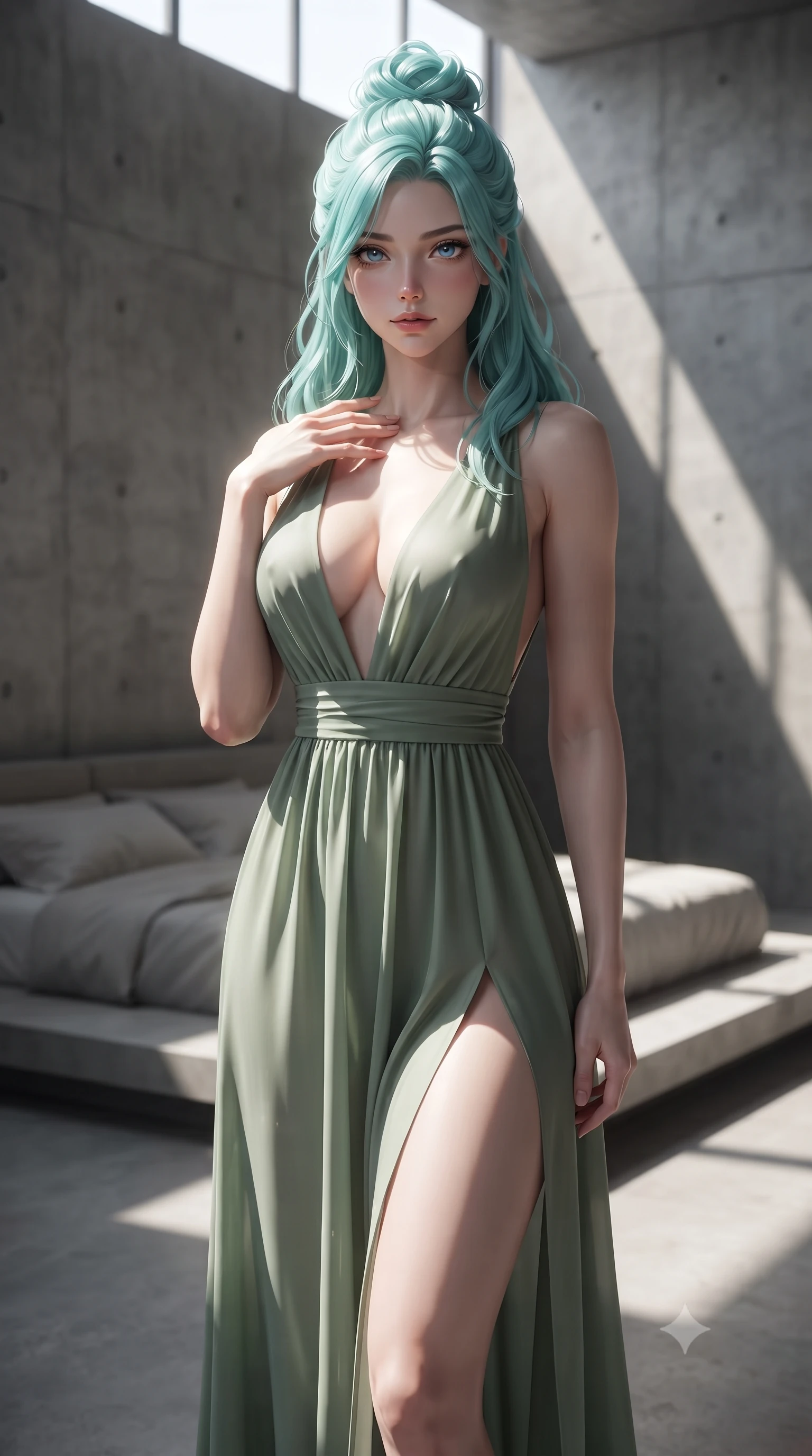 score_9, masterpiece, best quality, ultra-detailed, high-budget anime keyframe, editorial fashion photography, tasteful artistic composition, Japanese woman woman. close-up cowboy shot from the waist and thighs up, the character dominates the composition, filling the frame with her large presence, background elements kept in soft focus. standing with one hand resting on her collarbone, looking at the viewer with bedroom-eyes the background shows a soft-focus a spacious minimalist bedroom with raw concrete walls and a low platform bed. She has an exceptionally elegant, slender, and willowy female figure with an ultra-slim waist, a gracefully sculpted slender torso, and a refined silhouette. sharp v-shaped jawline, high-bridge nose, intricate jewel-like eyes with depth, thick eyelashes, glossy lips with a natural sheen. wearing a slim-fit deep plunging-V neck maxi dress in sage green chiffon, featuring a high side slit ascending to mid-thigh. stark afternoon sunbeams slicing through a high window, creating high-contrast Chiaroscuro shadows. ultra-reflective glossy finish, specular highlights, metallic sheen, high-contrast stereoscopic depth, volumetric dynamic lighting, 2k, ultra detail, master piece, 9:16 ratio
