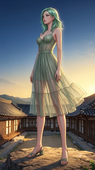 score_9, masterpiece, best quality, ultra-detailed, high-budget anime keyframe, editorial fashion photography, tasteful artistic composition, Japanese woman woman. low angle full-body shot from head to toe showing her feet, filling the entire 9:16 ve