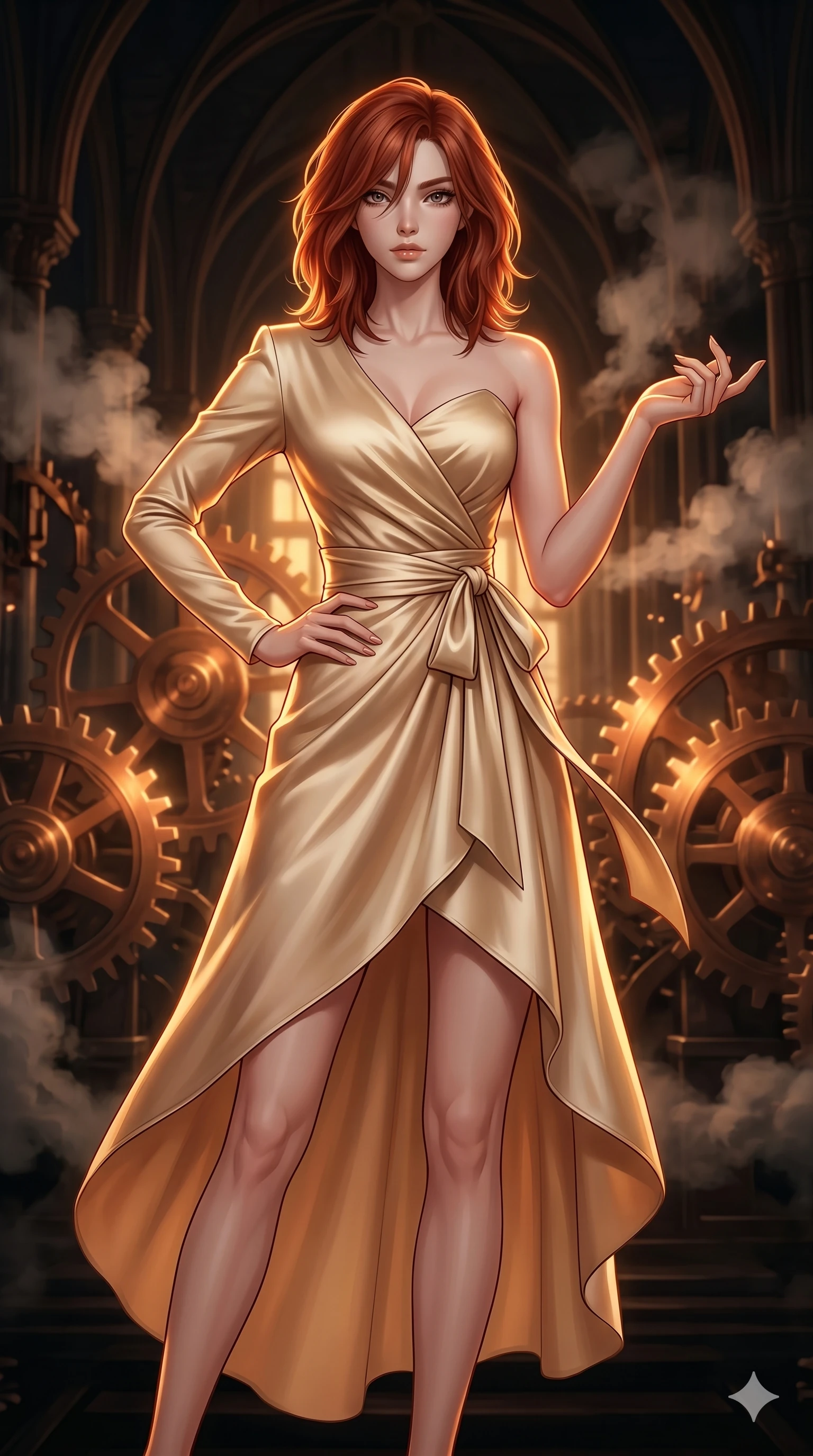 score_9, masterpiece, best quality, ultra-detailed, high-budget anime keyframe, editorial fashion photography, tasteful artistic composition, Korean woman. cowboy shot from the thighs up, character and outfit filling the frame for maximum editorial presence. Holding steady direct eye contact with magnetic, commanding confidence inside an ancient clockwork cathedral where giant copper gears rotate amidst floating steam clouds. She has an absolutely perfect 8-heads proportion, an exceptionally tall and slender female figure with impossibly long slender legs and an ultra-slim waist. V-shaped jawline, high-bridge nose, intricate jewel-like eyes with depth, thick eyelashes, glossy lips with a natural sheen. wearing a champagne-gold asymmetric wrap dress in fluid satin with a single long sleeve, a sculpted collarbone line, and a self-tying sash that cinches the waist, falling to a high-low hemline. drenched in warm amber cinematic rim lighting that traces every contour of her silhouette against a dark background. 2k, ultra detail, master piece, 9:16 ratio