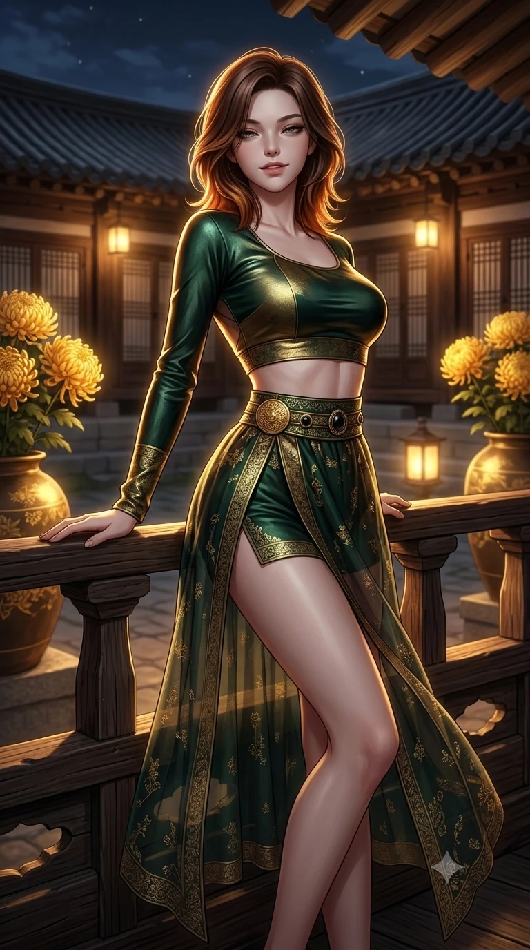 score_9, masterpiece, best quality, ultra-detailed, high-budget anime keyframe, semi-realistic 3D game render, editorial fashion photography, tasteful artistic composition, Korean woman. close-up cowboy shot from the waist and thighs up, the character dominates the composition, filling the frame with her large presence. leaning back against the balustrade with relaxed seductive grace, head tilted back slightly while casting a hypnotic, heavy-lidded gaze while twisting her slender torso in an alluring contrapposto stance between golden chrysanthemum urns, warm moonlight tracing her flat midriff. The surrounding environment is rendered in vivid detail and crisp panoramic clarity: detailed liquid silk satin halter leotard tailoring, sheer nobang wrap skirt, and traditional hanok architecture in razor-sharp precision. She has an exceptionally elegant, slender, and willowy female figure with an ultra-slim waist, flat toned midriff, narrow ribcage, and sculpted feminine hips creating an alluring, slim hourglass silhouette without bulk. sharp v-shaped jawline, high-bridge nose, sparkling eyes with hypnotic seductive depth, thick curled eyelashes, glossy parted lips with a natural dewy peach sheen, alluring bedroom-eyes with an enchanting coquettish smile, exuding magnetic siren charisma and sophisticated glamour, flawlessly proportioned anatomical accuracy, strict slender model proportions, natural body alignment, perfectly sculpted long slender limbs, ultra-slim waistline, clean dynamic posture without body distortion. wearing a liquid-look silk satin jeogori crop top with low-back scoop paired with high-slit wrap mini shorts in dark emerald forest and brushed antique gold, tailored from fine ribbed modal knit with gentle elastic contouring and soft hand-feel, accented with an authentic engraved gold medallion and obsidian cabochons, the form-fitting cut adhering flawlessly to her sculpted flat midriff and slender torso, emphasizing her long leg lines and perfectly proportioned willowy build. illuminated by courtyard lantern bounce and sharp honey-gold rim lights sculpting her razor-sharp jawline, narrow waist, and curvy hips. highly saturated vibrant anime colors, detailed shading with soft gradients, rich glossy textures, high-contrast stereoscopic depth, volumetric dynamic lighting, master piece, 9:16 ratio