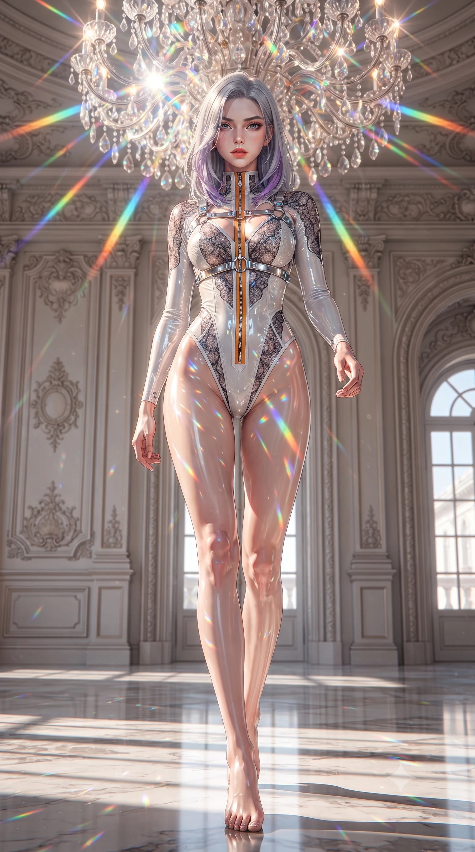 score_9, masterpiece, best quality, ultra-detailed, high-budget anime keyframe, editorial fashion photography, tasteful artistic composition, Caucasian woman. low angle full-body shot from head to toe showing her feet, filling the entire 9:16 vertical frame with her statuesque presence, stretching her vertical silhouette. striding forward in a proud, statuesque motion with a dangerous smolder, her vertical silhouette dominating the frame from head to toe while pausing beneath a crystal chandelier refracting sunlight into dazzling rainbow rays across her skin. The surrounding environment is rendered in vivid detail and crisp panoramic clarity. vivid high-saturation spectrum colors and high-key white daylight rendered with environmental sharpness. She has an absolutely perfect, statuesque 8.5-heads proportion, an exceptionally tall and slender model-like female figure with impossibly long slender legs, a toned flat midriff, and an ultra-slim waist. sharp v-shaped jawline, high-bridge nose, intricate jewel-like eyes with depth, thick eyelashes, glossy lips with a natural sheen, flawlessly proportioned anatomical accuracy, strict slender model proportions, natural body alignment, perfectly sculpted long slender limbs, ultra-slim waistline, clean dynamic posture without body distortion. wearing a glossy white second-skin latex bodysuit with high-thigh cuts, exposed clavicle neckline, and gleaming zipper details in vivid sunset amber orange and cloud white, crafted from delicate dark lace interwoven with luminescent micro-fibers, reinforced by a sleek metallic chrome harness and delicate glowing micro-straps, the sleek second-skin cut tightly hugging her graceful clavicle, narrow waist, and feminine curves with athletic precision. illuminated by high-contrast specular reflections on crystal and polished surfaces. ultra-reflective glossy finish, specular highlights, metallic sheen, high-contrast stereoscopic depth, volumetric dynamic lighting, 2k, ultra detail, master piece, 9:16 ratio