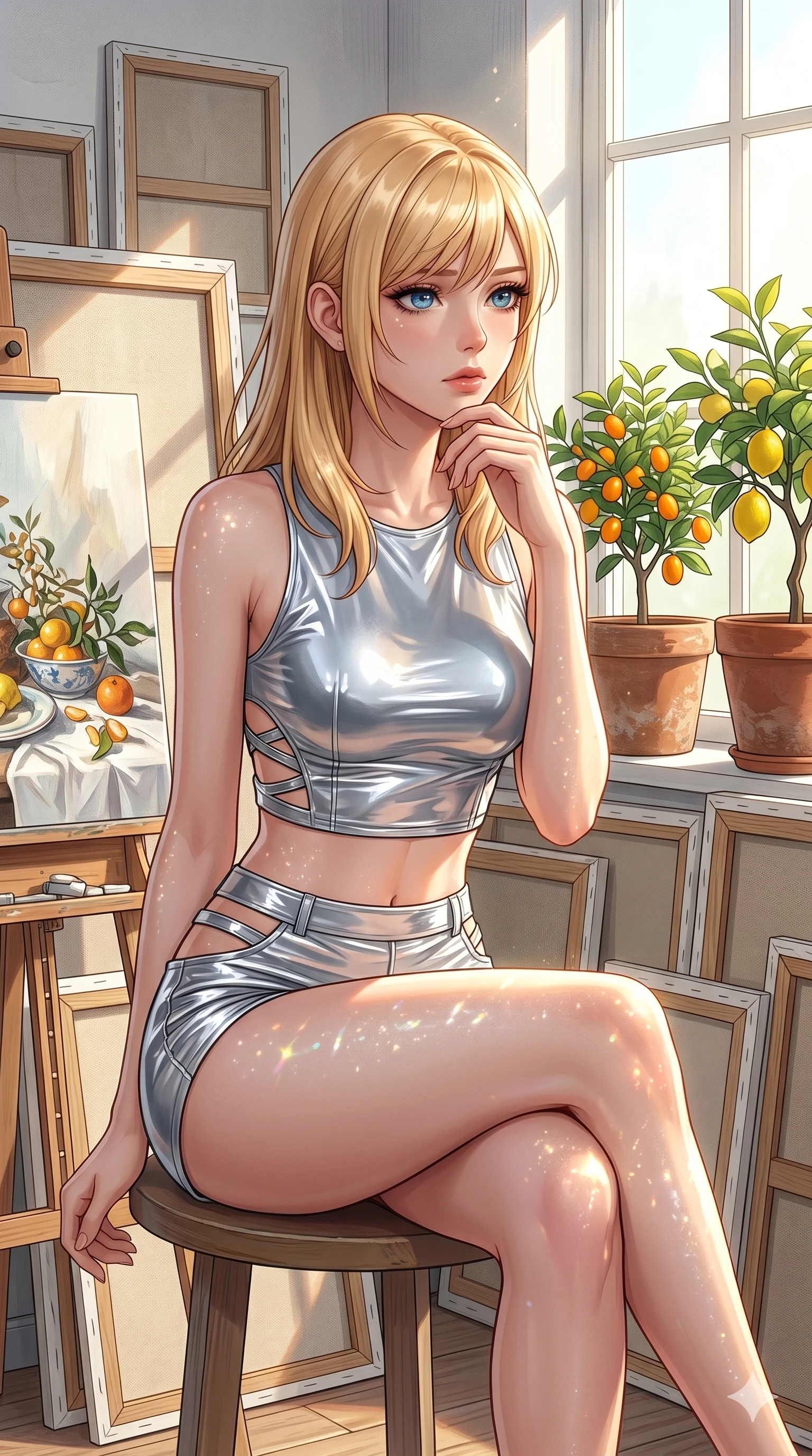 score_9, masterpiece, best quality, ultra-detailed, high-budget anime keyframe, editorial fashion photography, tasteful artistic composition, Caucasian woman, strictly human ears. cowboy shot from the thighs up, character and outfit filling the frame for maximum editorial presence. gazing past the camera with wistful, melancholic eyes, her posture relaxed and full of quiet elegance in a quiet sun-washed art atelier filled with canvases and potted citrus plants (Code-P115). She has an absolutely perfect 8-heads proportion, an exceptionally tall and slender female figure with impossibly long slender legs and an ultra-slim waist. V-shaped jawline, high-bridge nose, intricate jewel-like eyes with depth, thick eyelashes, glossy lips with a natural sheen. wearing a wet-look silver vinyl crop top and high-waisted shorts with side cutouts and straps. bathed in brilliant morning sunshine reflecting off the water, casting glittering light patterns across her skin. 2k, ultra detail, master piece, 9:16 ratio
