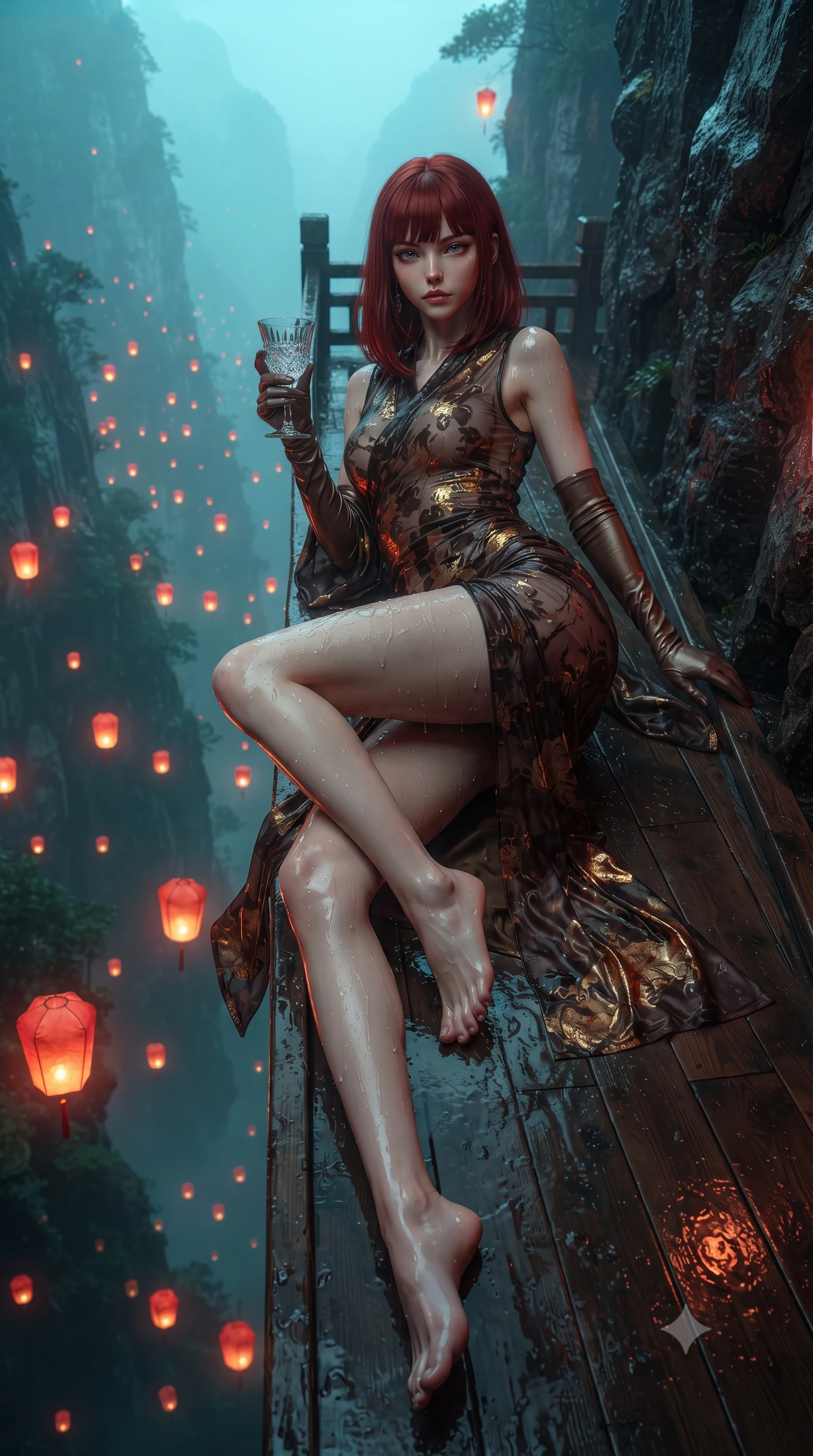 score_9, masterpiece, best quality, ultra-detailed, high-budget anime keyframe, editorial fashion photography, tasteful artistic composition, Caucasian woman. low angle full-body shot from head to toe showing her feet, filling the entire 9:16 vertical frame with her statuesque presence, stretching her vertical silhouette. reclining on her side in an elegant Cleopatra pose with one knee drawn up, the dramatic contour of her rounded hips and long slender legs commanding the 9:16 vertical frame while striding along the elevated timber skywalk clinging to the vertical cliffside, arching her back as thousands of glowing red neon lanterns illuminate the misty mountain abyss. The surrounding environment is rendered in vivid detail and crisp panoramic clarity. sharp carved timber balustrade joints, wet lacquered floor reflections, and mountain cliffside rock texture in deep focus. She has an exceptionally tall and slender model-like 8.5-heads proportion, an ultra-slim waist, a flat toned midriff, narrow delicate ribcage, and beautifully sculpted feminine hips creating a graceful, slim hourglass silhouette without any bulky heaviness, with impossibly long slender legs. sharp v-shaped jawline, high-bridge nose, intricate jewel-like eyes with depth, thick eyelashes, glossy parted lips with a natural sheen, intensely captivating and seductive bedroom-eyes expression, flawlessly proportioned anatomical accuracy, strict slender model proportions, natural body alignment, perfectly sculpted long slender limbs, ultra-slim waistline, clean dynamic posture without body distortion. wearing a delicate semi-translucent silk yukata that clings to her wet skin and curvy hip contours in dark espresso brown and molten gold foil, tailored from liquid silk jersey adhering flawlessly to her slender build, accessorized with opera-length satin gloves and a vintage crystal glass, the form-contouring material adhering flawlessly to her sculpted flat midriff and slender torso, emphasizing her long leg lines and perfectly proportioned willowy build. bathed in rich crimson and amber lantern underlights contrasting with cool cyan mountain mist ambient fill. ultra-reflective glossy finish, specular highlights, rich textural contrasts, high-contrast stereoscopic depth, volumetric dynamic lighting, 2k, ultra detail, master piece, 9:16 ratio