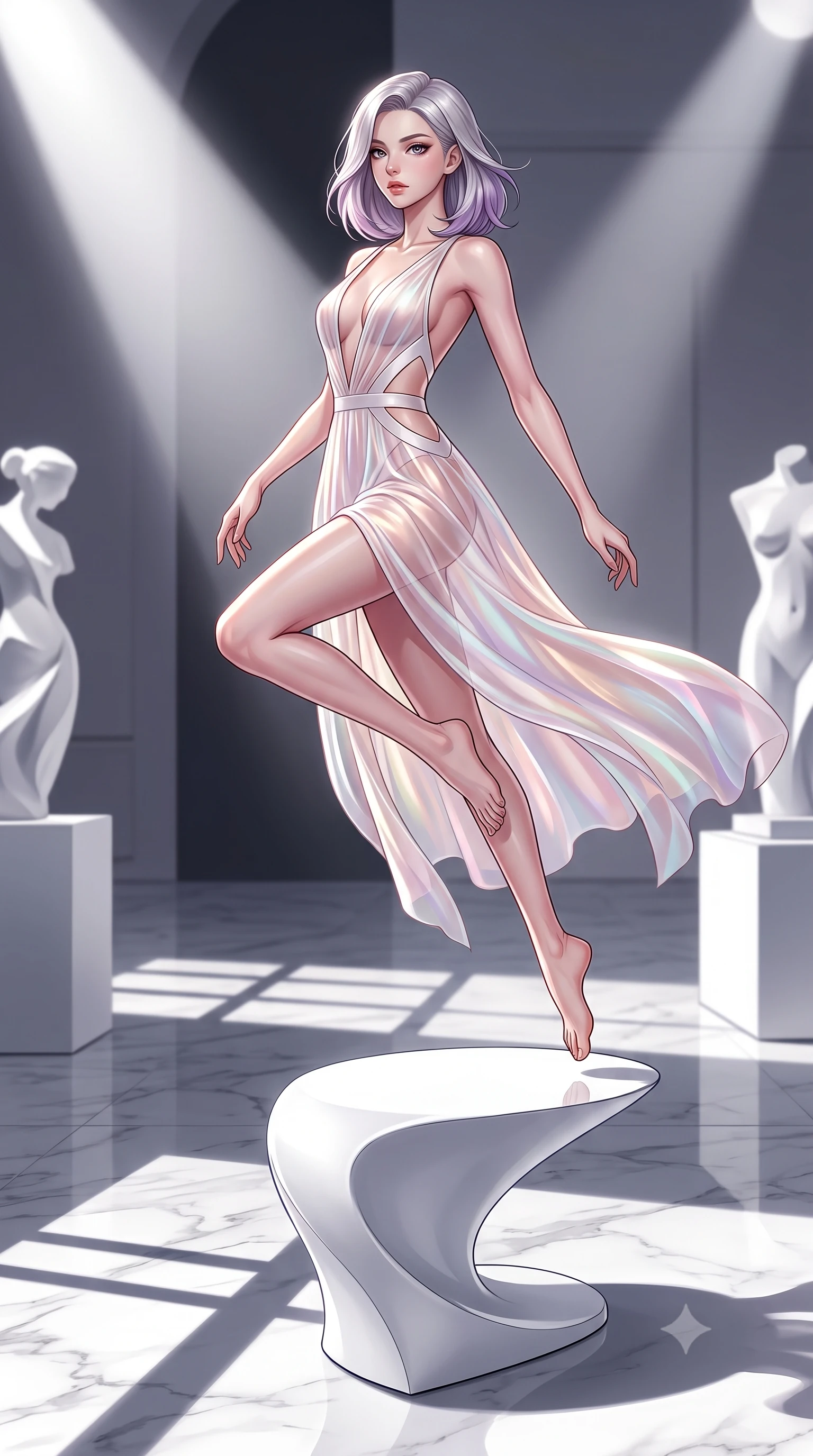 score_9, masterpiece, best quality, ultra-detailed, high-budget anime keyframe, editorial fashion photography, tasteful artistic composition, Caucasian woman. low angle full-body shot from head to toe showing her feet, filling the entire 9:16 vertical frame with her statuesque presence, stretching her vertical silhouette. leaping gracefully through the environment with statuesque elegance and long slender legs poised atop a sleek white sculpture pedestal inside a high-fashion museum, dramatic single fashion spotlights casting razor-sharp shadows on the floor. She has an absolutely perfect, statuesque 8.5-heads proportion, an exceptionally tall and slender model-like female figure with impossibly long slender legs and an ultra-slim waist. sharp v-shaped jawline, high-bridge nose, intricate jewel-like eyes with depth, thick eyelashes, glossy lips with a natural sheen. wearing a translucent iridescent chiffon gown with a plunging neckline and open back in pearl white and rose gold, formed from sleek second-skin neoprene, featuring subtle geometric cutouts that highlight her ultra-slim midriff, the elegant draped fit framing her graceful clavicle and slender torso. bathed in bright white museum key light with sharp editorial side shadows. highly saturated vibrant anime colors, detailed shading with soft gradients, rich glossy textures, high-contrast stereoscopic depth, volumetric dynamic lighting, master piece, 9:16 ratio