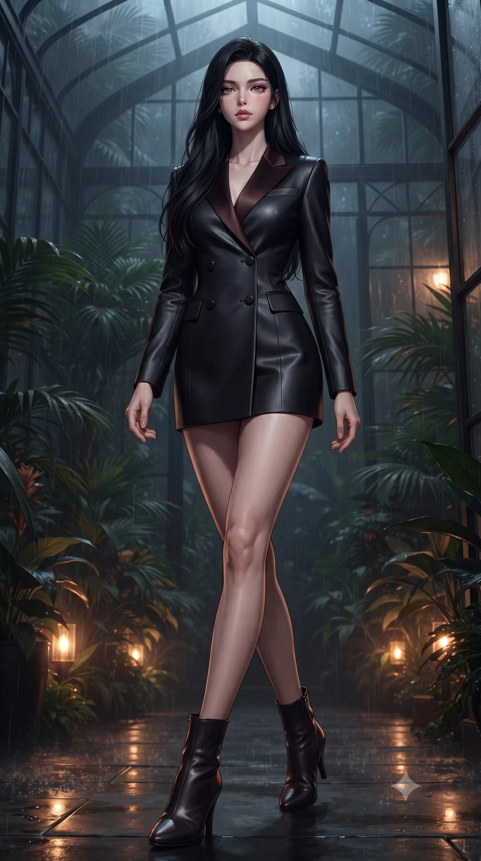 score_9, masterpiece, best quality, ultra-detailed, high-budget anime keyframe, editorial fashion photography, tasteful artistic composition, Korean woman. low angle full-body shot from head to toe showing her feet, filling the entire 9:16 vertical frame with her statuesque presence, stretching her vertical silhouette. stepping gracefully through the luxurious environment, stretching her statuesque silhouette, walking through a glass conservatory shrouded in thick midnight rain fog, cozy yet intensely alluring nocturnal greenhouse atmosphere. She has an absolutely perfect, statuesque 8.5-heads proportion, an exceptionally tall and slender model-like female figure with impossibly long slender legs and an ultra-slim waist. sharp v-shaped jawline, high-bridge nose, intricate jewel-like eyes with depth, thick eyelashes, glossy lips with a natural sheen. wearing tailored double-breasted obsidian blazer dress with silk lapels in dark mahogany, made of liquid dark mercury jersey, adorned with minimalist black onyx hardware framing the silhouette, the fitted fabric emphasizing her ultra-slim waist. illuminated by warm amber floor lights filtering through tropical greenery. highly saturated vibrant anime colors, detailed shading with soft gradients, rich glossy textures, high-contrast stereoscopic depth, volumetric dynamic lighting, master piece, 9:16 ratio
