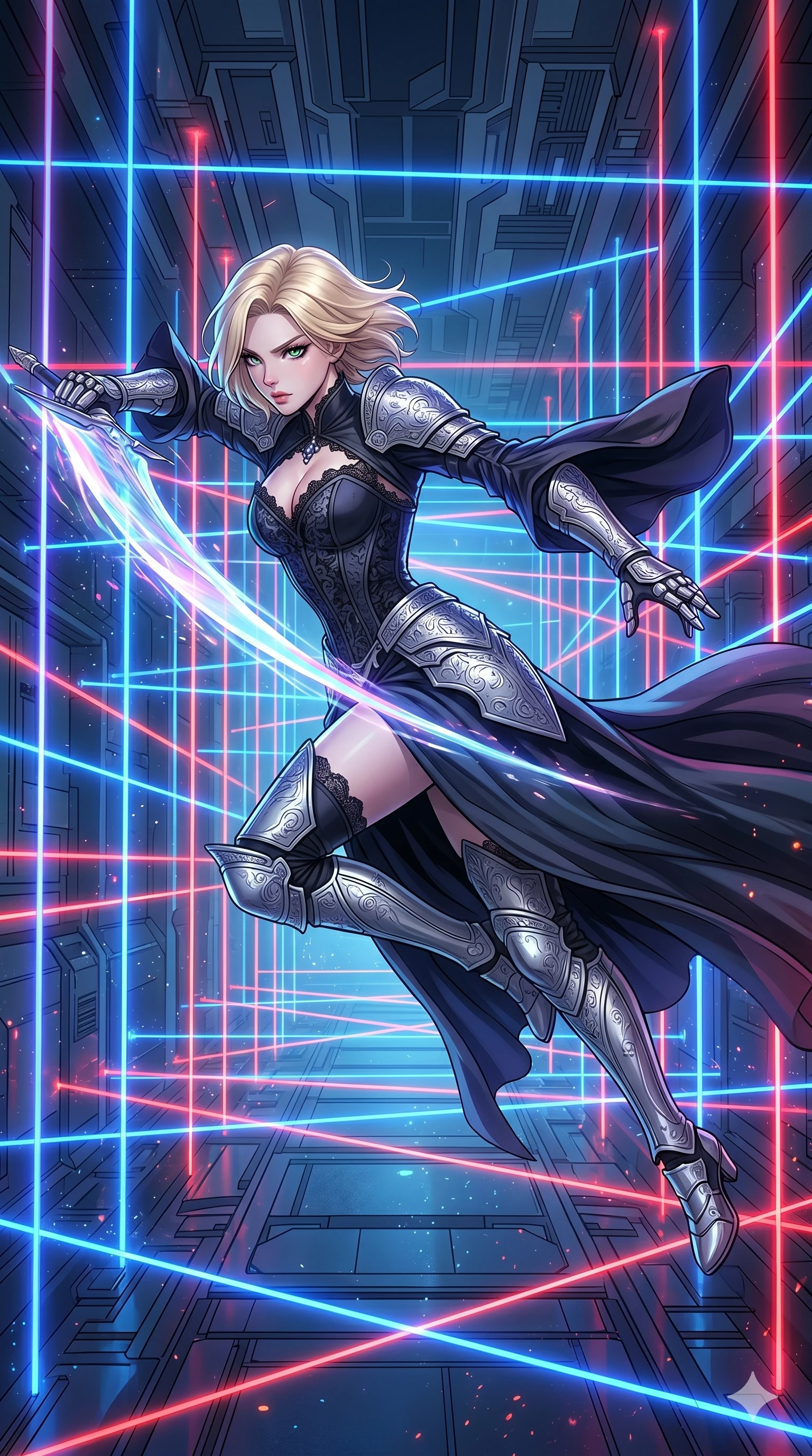 score_9, masterpiece, best quality, ultra-detailed, high-budget anime movie keyframe, cinematic anime lighting, intricate line art, Japanese woman. Mid-air action shot capturing a graceful twist and vertical silhouette. lunging forward with a shimmering energy blade in a corridor of lasers. She has an absolutely perfect 8-heads proportion, an exceptionally tall and slender female figure with graceful and slender proportions. strictly human anatomy, two legs only, no extra limbs, clearly defined legs and arms, perfect anatomy, perfect hands and fingers. sharp v-shaped jawline, high-bridge nose, intricate jewel-like eyes, thick eyelashes, glossy lips. Wearing Dark Fantasy: Gothic lace corset gown, bell-sleeved sorceress robes, and engraved silver plate armor over silk. The scene is illuminated by dramatic atmospheric lighting and vibrant color palettes. , 2k, ultra detail, master piece, 9:16 ratio