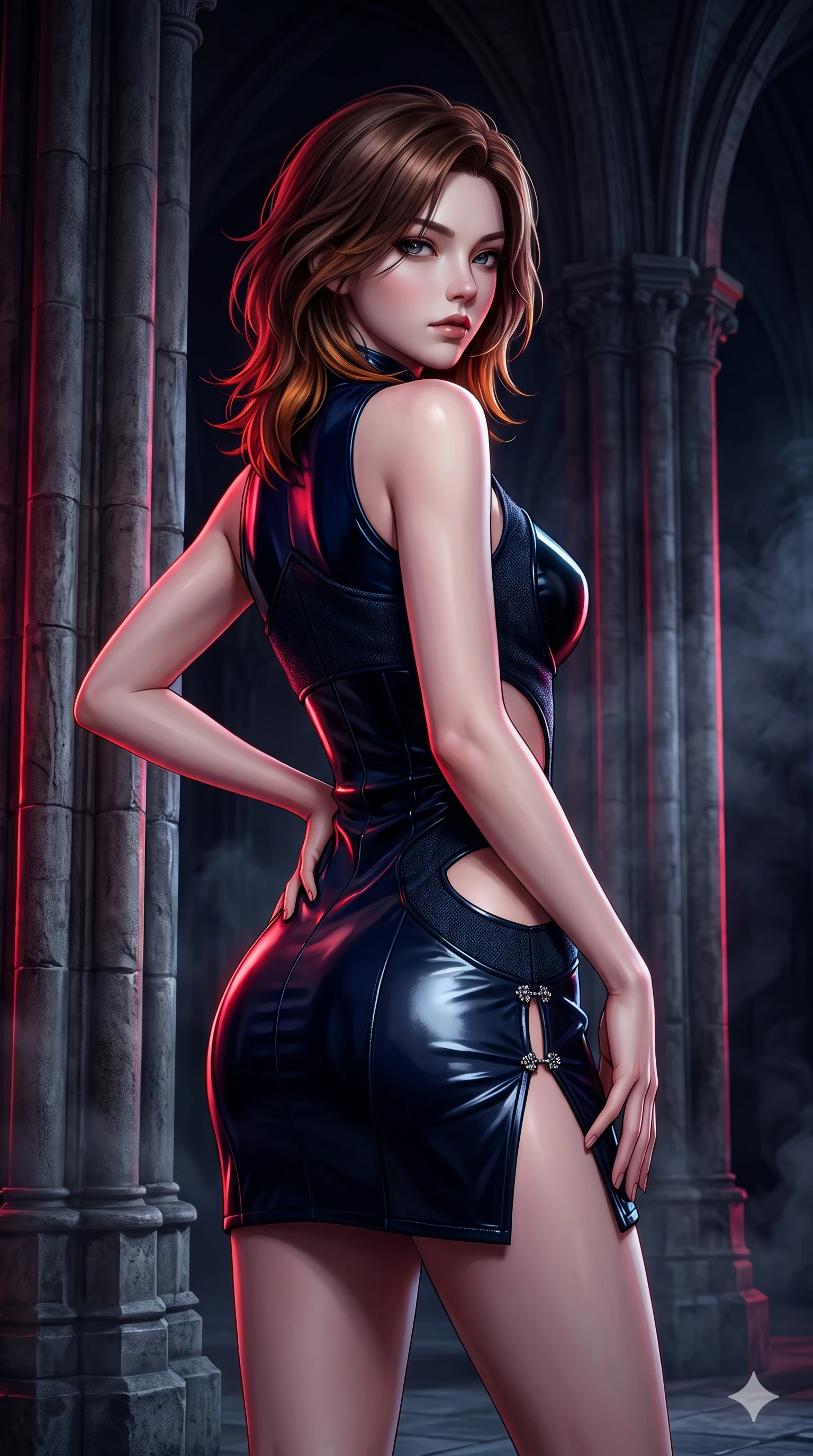 score_9, masterpiece, best quality, ultra-detailed, high-budget anime keyframe, semi-realistic 3D game render, editorial fashion photography, tasteful artistic composition, Korean woman. close-up cowboy shot from the waist and thighs up, the character dominates the composition, filling the frame with her large presence. posing in an alluring rear three-quarter angle, turning over a bare shoulder with an intoxicating, smoldering gaze while holding a confident power pose with one hand on her hip beside the soaring stone nave pillars, looking into the lens with dangerous intensity. The surrounding environment is rendered in vivid detail and crisp panoramic clarity: detailed precision-fitted liquid vinyl dress cling, onyx hardware accents, and gothic architectural lines in razor-sharp precision. She has an exceptionally elegant, slender, and willowy female figure with an ultra-slim waist, flat toned midriff, narrow ribcage, and sculpted feminine hips creating an alluring, slim hourglass silhouette without bulk. sharp v-shaped jawline, high-bridge nose, intricate jewel-like dark sparkling eyes with hypnotic seductive depth, thick curled eyelashes, glossy parted lips with a natural wine sheen, alluring bedroom-eyes with an enigmatic smoldering smile, exuding magnetic sovereign charisma and dark avant-garde glamour, flawlessly proportioned anatomical accuracy, strict slender model proportions, natural body alignment, perfectly sculpted long slender limbs, ultra-slim waistline, clean dynamic posture without body distortion. wearing a liquid-look wet vinyl micro-mini dress clinging like a second skin with hip-high side cutouts in midnight navy blue and smoky pitch black, woven from bespoke high-density barathea wool with refined ceremonial hold, finished with an ultra-high side slit secured by miniature jeweled clasps, the bespoke structured tailoring following the natural line of her 8.5-heads silhouette with refined elegance. bathed in sharp crimson laser rim light piercing cold midnight shadows and incense smoke. highly saturated vibrant anime colors, detailed shading with soft gradients, rich glossy textures, high-contrast stereoscopic depth, volumetric dynamic lighting, master piece, 9:16 ratio