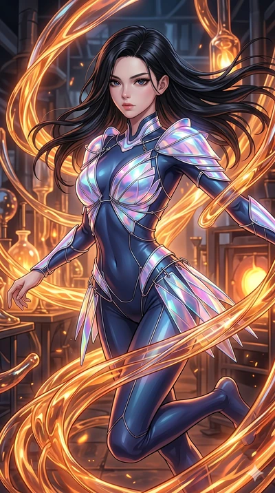 score_9, masterpiece, best quality, ultra-detailed, high-budget anime keyframe, Caucasian woman, strictly human ears. upper body close-up from the thighs up, character filling the screen for maximum presence. bounding through a molten glass art studi