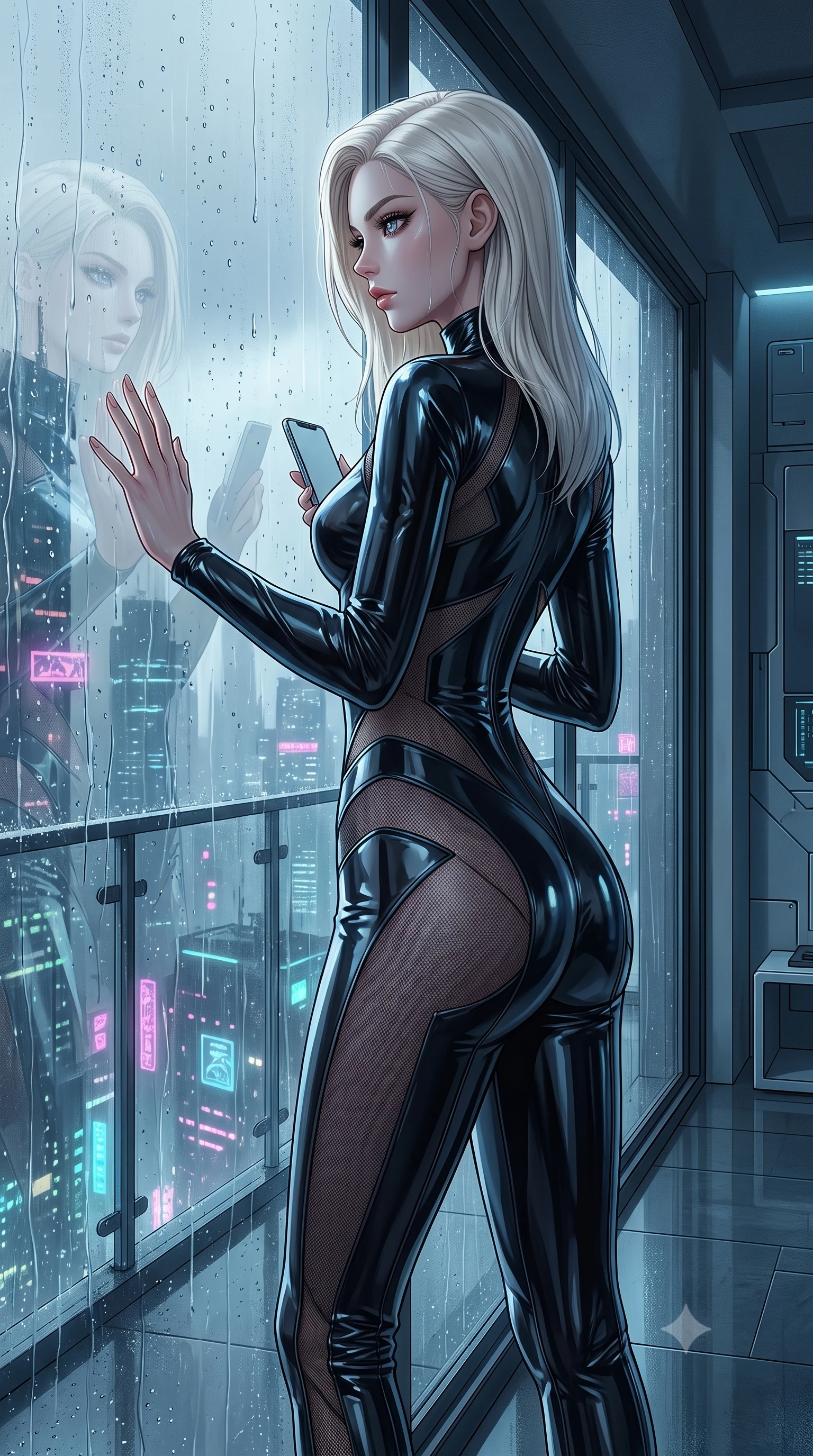 score_9, masterpiece, best quality, ultra-detailed, High-budget Anime Keyframe, Caucasian woman, strictly human ears. Low angle cowboy shot filling the entire 9:16 frame with her statuesque presence. Scenario 309: looking out at the rain through a wet glass window near a minimalist glass balcony overlooking a rainy cyberpunk megacity. Her presence is magnetic and overpowering in this high-budget anime scene. Outfit 309: a form-contouring patent leather mesh with a strategic side cut-outs and tight-fitting silhouette. The clothing is designed to emphasize her exceptionally tall and slender 8-heads proportion. 8-heads proportion, towering silhouette, ultra-slim waist. sharp v-shaped jawline, intricate jewel-like eyes with depth, thick eyelashes, glossy lips. 2k, ultra detail, master piece, 9:16 ratio