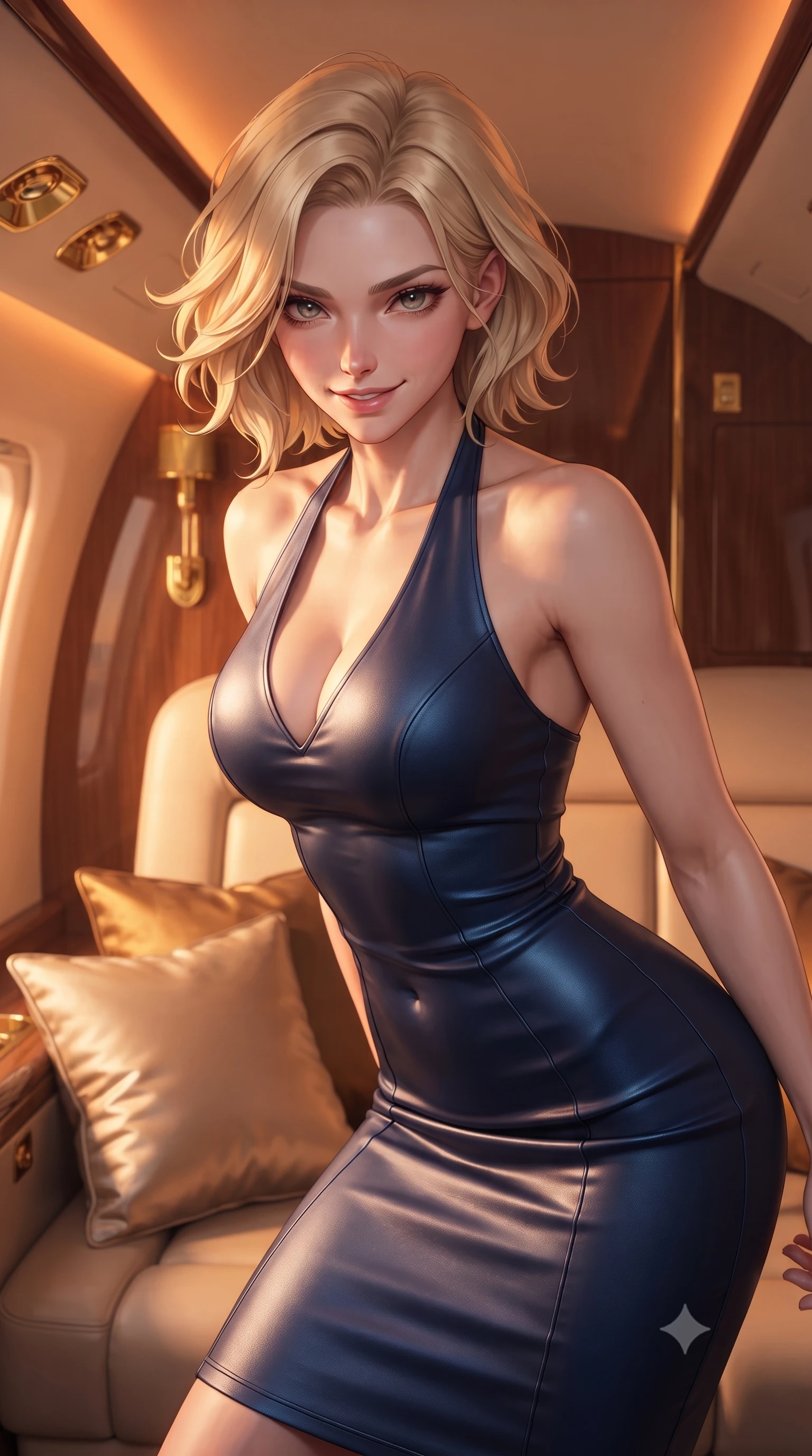 score_9, masterpiece, best quality, ultra-detailed, high-budget anime keyframe, editorial fashion photography, tasteful artistic composition, Caucasian woman. close-up cowboy shot from the waist and thighs up, the character dominates the composition, filling the frame with her large presence, background elements kept in soft focus. leaning slightly forward with a playful, teasing smile, her gaze locked onto the viewer the background shows a soft-focus a luxury helicopter cabin with wood panels, gold fixtures, and silk pillows. She has an exceptionally elegant, slender, and willowy female figure with an ultra-slim waist, a gracefully sculpted slender torso, and a refined silhouette. sharp v-shaped jawline, high-bridge nose, intricate jewel-like eyes with depth, thick eyelashes, glossy lips with a natural sheen. wearing a body-hugging form-fitting halter dress in deep navy blue, contouring her athletic, slender build. warm sunset light filtering through the window, painting the cabin in orange. ultra-reflective glossy finish, specular highlights, metallic sheen, high-contrast stereoscopic depth, volumetric dynamic lighting, 2k, ultra detail, master piece, 9:16 ratio