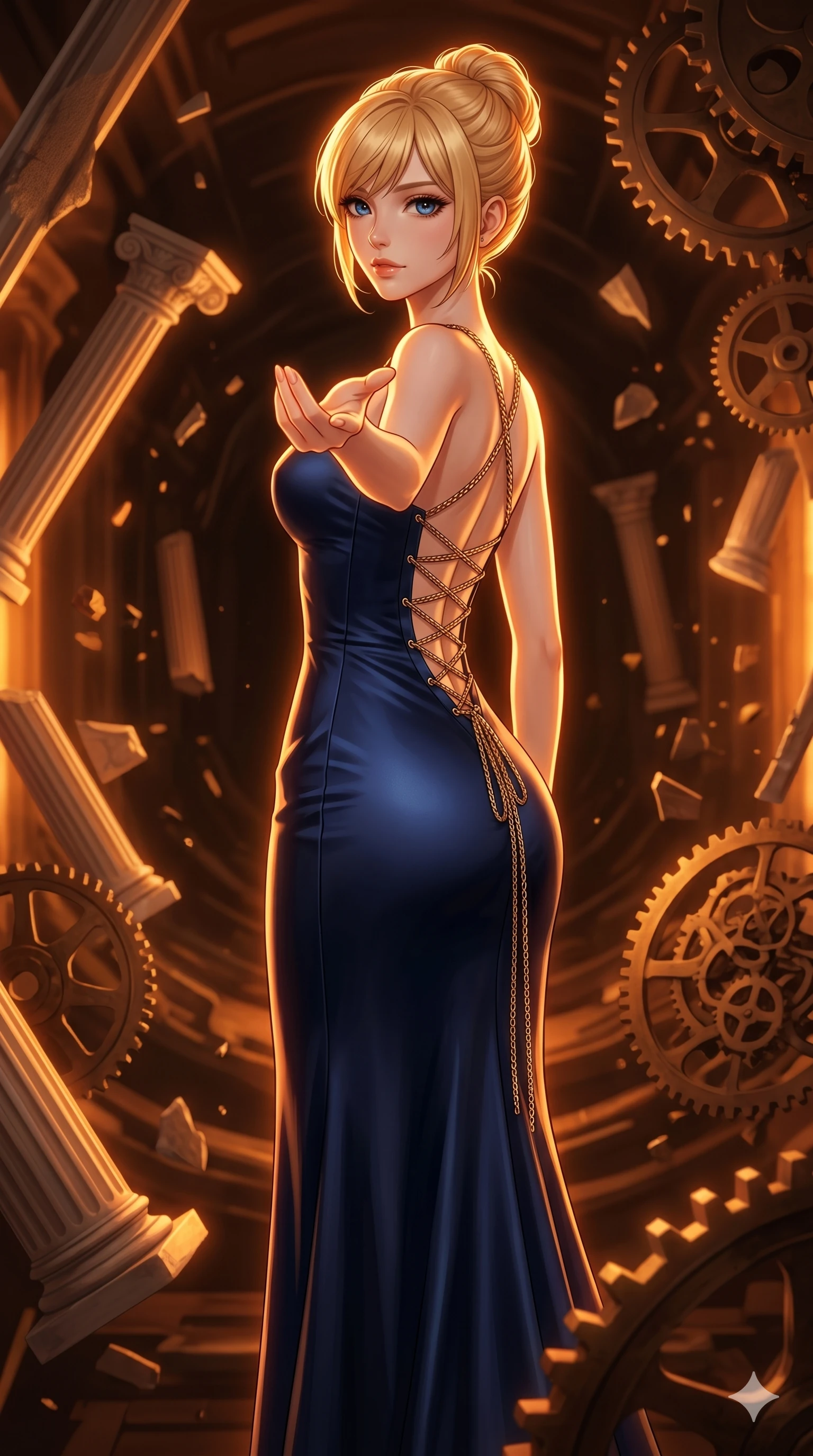 score_9, masterpiece, best quality, ultra-detailed, high-budget anime keyframe, editorial fashion photography, tasteful artistic composition, Caucasian woman, strictly human ears. cowboy shot from the thighs up, character and outfit filling the frame for maximum editorial presence. Reaching one hand toward the viewer with relaxed elegance within a temporal rift corridor of different eras suspended in amber light. She has an absolutely perfect 8-heads proportion, an exceptionally tall and slender female figure with impossibly long slender legs and an ultra-slim waist. V-shaped jawline, high-bridge nose, intricate jewel-like eyes with depth, thick eyelashes, glossy lips with a natural sheen. wearing a midnight navy satin floor-length gown with a structured front and an elaborate crisscross open-back corset lacing in gold chain, descending in a V to the lower back. drenched in warm amber cinematic rim lighting that traces every contour of her silhouette against a dark background. 2k, ultra detail, master piece, 9:16 ratio
