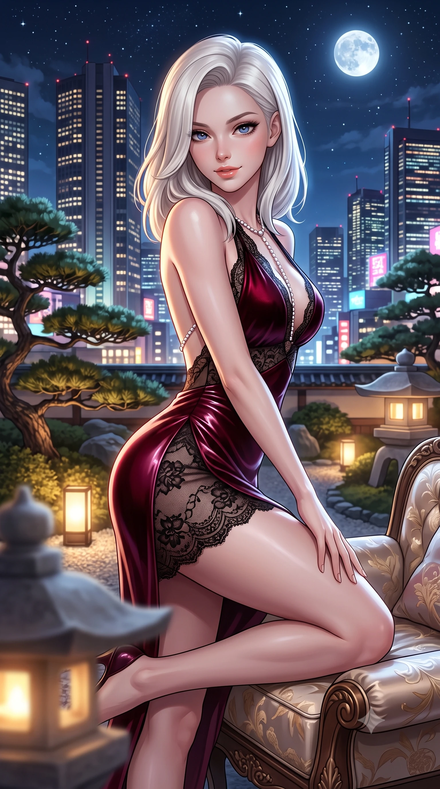 score_9, masterpiece, best quality, ultra-detailed, high-budget anime keyframe, semi-realistic 3D game render, editorial fashion photography, tasteful artistic composition, Caucasian woman. close-up cowboy shot from the waist and thighs up, the character dominates the composition, filling the frame with her large presence. perched sideways on the lounge seat, one knee drawn up to showcase her slender leg line while her arched back accentuates her feminine hip curve while twisting her slender torso in an alluring S-curve, gentle night breezes fluttering her silk dress as Shinjuku skyscraper towers loom behind. The background shows a soft-focus stone pagoda lanterns softened in contemplative modern Japanese luxury shallow focus. She has an exceptionally elegant, slender, and willowy female figure with an ultra-slim waist, flat toned midriff, narrow ribcage, and sculpted feminine hips creating an alluring, slim hourglass silhouette without bulk. sharp v-shaped jawline, high-bridge nose, sparkling eyes with hypnotic seductive depth, thick curled eyelashes, glossy parted lips with a natural dewy peach sheen, alluring bedroom-eyes with an enchanting coquettish smile, exuding magnetic siren charisma and sophisticated glamour, flawlessly proportioned anatomical accuracy, strict slender model proportions, natural body alignment, perfectly sculpted long slender limbs, ultra-slim waistline, clean dynamic posture without body distortion. wearing a slinky backless halterneck column mini dress in shimmering liquid vinyl clinging like a second skin in deep bordeaux velvet and delicate black chantilly, made of semi-opaque stretch illusion mesh with soft shadowy contours, accented with a pearl-drop body harness subtly framing her dewy collarbones and spine, the high-slit wrap tailoring accentuating her ultra-slim waistline and the enchanting curve of her feminine hips with alluring seductive charm. bathed in soft 2800K low-voltage garden ground spotlights highlighting the bonsai pine mixed with full moon sky glow. highly saturated vibrant anime colors, detailed shading with soft gradients, rich glossy textures, high-contrast stereoscopic depth, volumetric dynamic lighting, master piece, 9:16 ratio