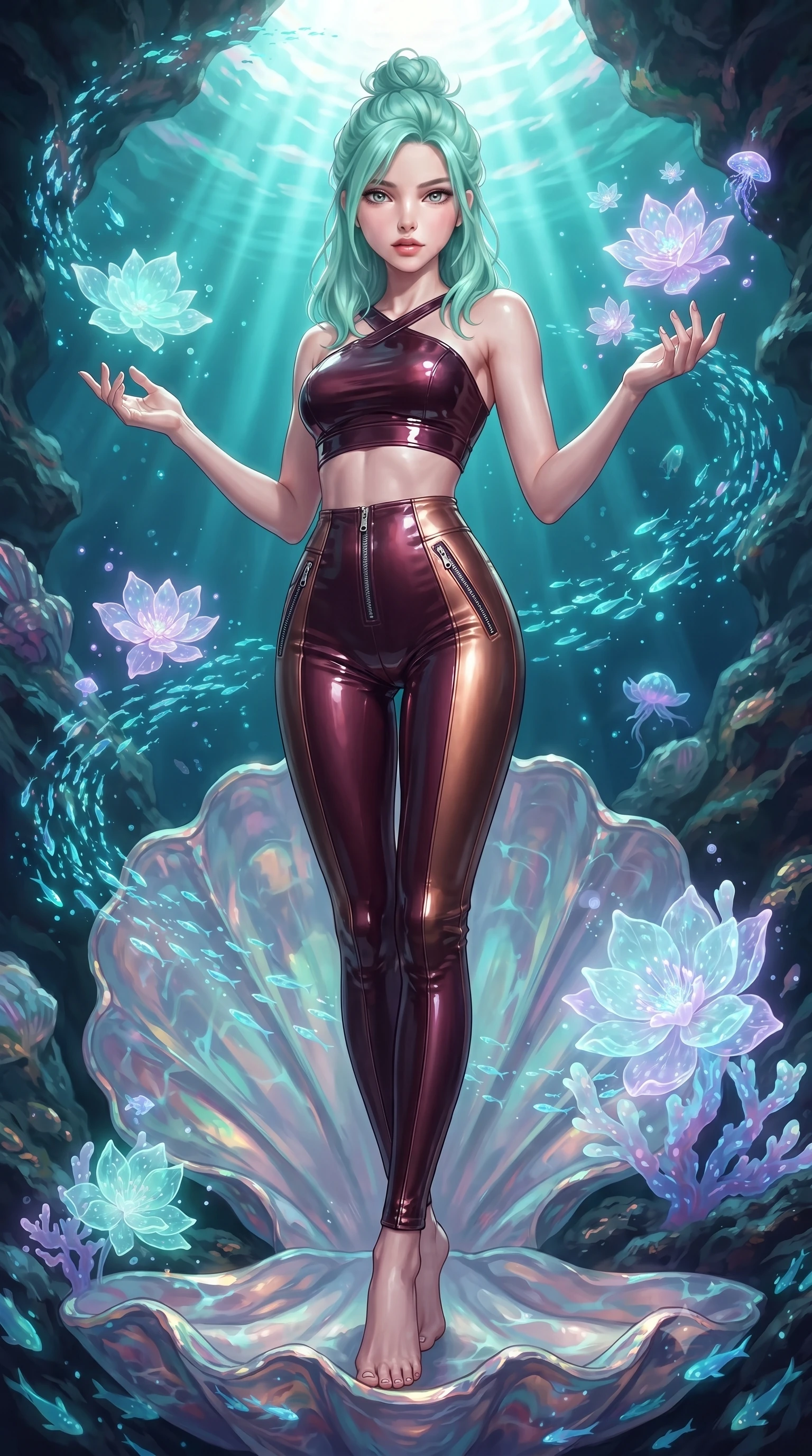 score_9, masterpiece, best quality, ultra-detailed, high-budget anime keyframe, editorial fashion photography, tasteful artistic composition, Japanese woman. low angle full-body shot from head to toe showing her feet, filling the entire 9:16 vertical frame with her statuesque presence, stretching her vertical silhouette. interacting gracefully with the magical floating elements while maintaining a confident posture poised on an abyssal prism shell throne bathed in sunlit ocean rays, glowing coral blossoms emitting soft aqua and lavender light. She has an absolutely perfect, statuesque 8.5-heads proportion, an exceptionally tall and slender model-like female figure with impossibly long slender legs and an ultra-slim waist. sharp v-shaped jawline, high-bridge nose, intricate jewel-like eyes with depth, thick eyelashes, glossy lips with a natural sheen. wearing a glossy vinyl crop top and high-waist tailored leggings with sleek zippers in deep burgundy and bronze, formed from sleek second-skin neoprene, complemented by criss-cross back straps highlighting her bare shoulders, the form-contouring material highlighting her ultra-slim waist and long lines. bathed in brilliant underwater sunbeams and soft turquoise caustic glow. ultra-reflective glossy finish, specular highlights, metallic sheen, high-contrast stereoscopic depth, volumetric dynamic lighting, 2k, ultra detail, master piece, 9:16 ratio