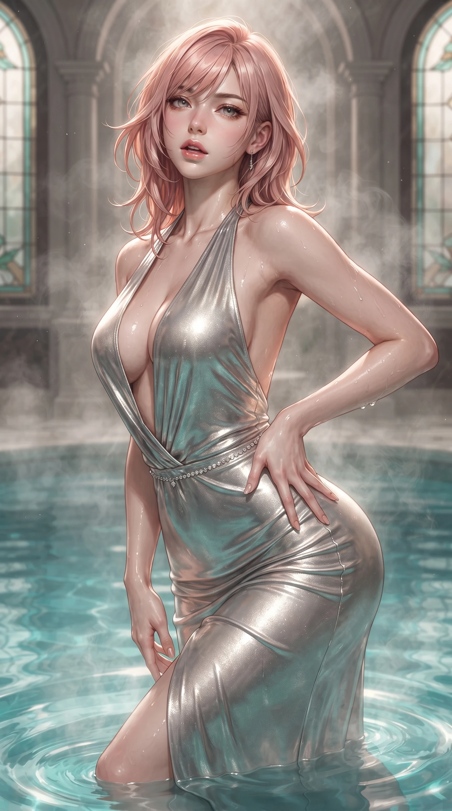 score_9, masterpiece, best quality, ultra-detailed, high-budget anime keyframe, editorial fashion photography, tasteful artistic composition, Japanese woman. close-up cowboy shot from the waist and thighs up, the character dominates the composition, filling the frame with her large presence. resting one manicured hand delicately on her hip bone, her upper body turning in a fluid, seductive S-curve while parted lips glisten in the light while wading through the steaming turquoise mineral water, arching her spine in pure pleasure as warm steam caresses her slender waist. The surrounding environment is rendered in vivid detail and crisp panoramic clarity. detailed mineral pool ripple caustics, wet fabric sheen, and stained-glass lead lines in high clarity. She has an exceptionally elegant, slender, and willowy female figure with an ultra-slim waist, flat toned midriff, narrow ribcage, and sculpted feminine hips creating an alluring, slim hourglass silhouette without bulk. sharp v-shaped jawline, high-bridge nose, intricate jewel-like eyes with depth, thick eyelashes, glossy parted lips with a natural sheen, intensely captivating and seductive bedroom-eyes expression, flawlessly proportioned anatomical accuracy, strict slender model proportions, natural body alignment, perfectly sculpted long slender limbs, ultra-slim waistline, clean dynamic posture without body distortion. wearing a plunging halter-neck metallic lamé column dress with a dramatic bare spine and hip-defining ruching in shimmering silver mercury and pearl white, formed from supple second-skin lambskin leather with specular sheen, accented with a dainty diamond waist chain catching the ambient light reflections, the liquid-tight tailored fabric clinging flawlessly to her narrow waist and rounded feminine hips, emphasizing every millimeter of her sculpted slim hourglass curves without any bulky heaviness. illuminated by wet specular highlights accentuating her slender neckline, sculpted waist, and rounded hips. ultra-reflective glossy finish, specular highlights, rich textural contrasts, high-contrast stereoscopic depth, volumetric dynamic lighting, 2k, ultra detail, master piece, 9:16 ratio