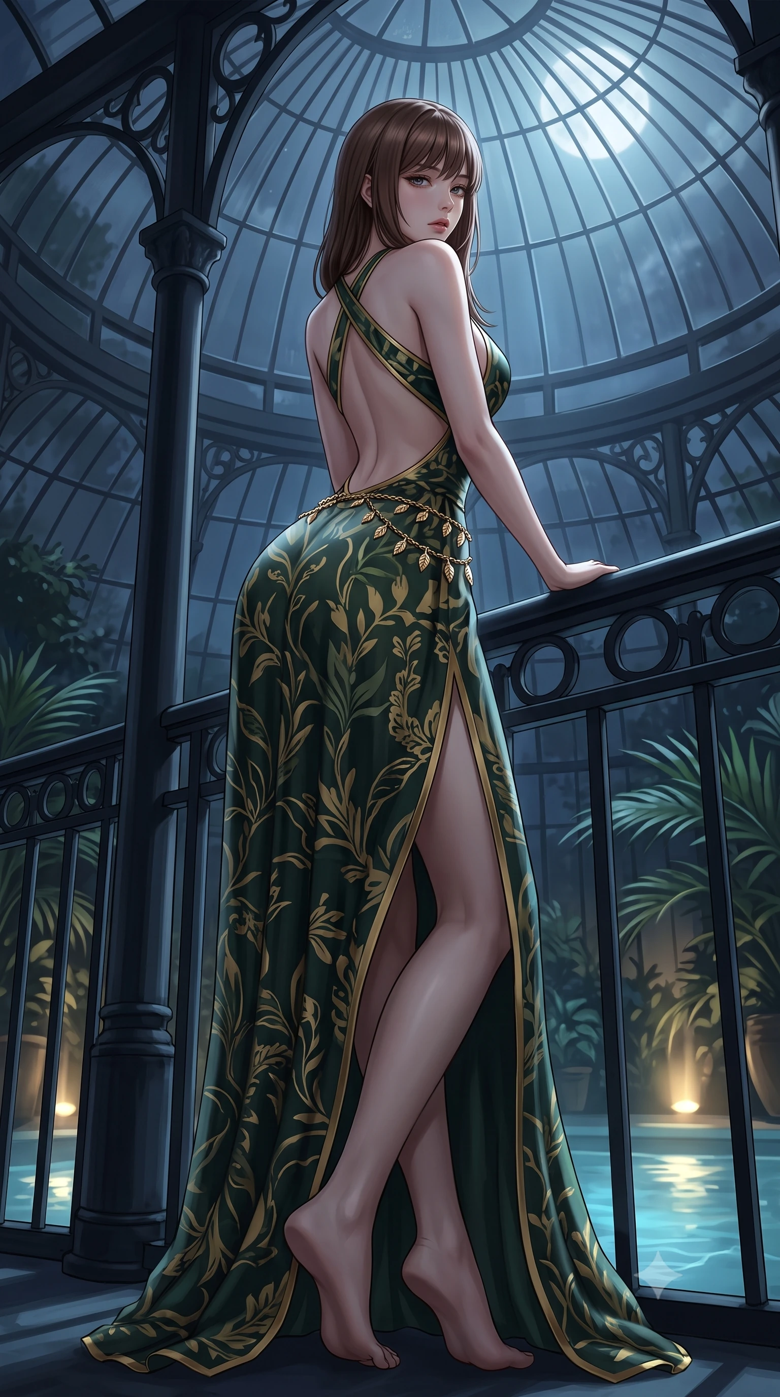 score_9, masterpiece, best quality, ultra-detailed, high-budget anime keyframe, semi-realistic 3D game render, editorial fashion photography, tasteful artistic composition, Korean woman. low angle full-body shot from head to toe showing her feet, filling the entire 9:16 vertical frame with her statuesque presence, stretching her vertical silhouette. leaning deep against the structural architecture with hips cocked in an unapologetically bold, seductive high-fashion stance while leaning forward over the curved iron glasshouse railing with hips cocked back, looking back over her bare shoulder with sun-dazed bedroom-eyes. The surrounding environment is rendered in vivid detail and crisp panoramic clarity. lush nocturnal greenhouse chiaroscuro and enchanted botanical sanctuary aesthetics in precision. She has an absolutely perfect, statuesque 8.5-heads proportion, an exceptionally tall and slender model-like female figure with impossibly long slender legs, a toned flat midriff, an ultra-slim waist, and beautifully sculpted feminine hips. sharp v-shaped jawline, high-bridge nose, intricate jewel-like eyes with depth, thick eyelashes, glossy parted lips with a natural sheen, intensely captivating and seductive bedroom-eyes expression, flawlessly proportioned anatomical accuracy, strict slender model proportions, natural body alignment, perfectly sculpted long slender limbs, ultra-slim waistline, clean dynamic posture without body distortion. wearing an open-waist botanical print silk maxi gown with crossed halter straps and bare back in dark forest green and liquid gold trim, crafted from second-skin supple lambskin leather with specular sheen, accented with a delicate gold leaf chain belt resting loosely on her curvy hips, the form-contouring material adhering flawlessly to her sculpted flat midriff and slender torso, emphasizing her long leg lines and perfectly proportioned willowy build. bathed in cool silver moonlight filtering through the glass dome and warm underwater pool uplights. highly saturated vibrant anime colors, detailed shading with soft gradients, rich glossy textures, high-contrast stereoscopic depth, volumetric dynamic lighting, master piece, 9:16 ratio