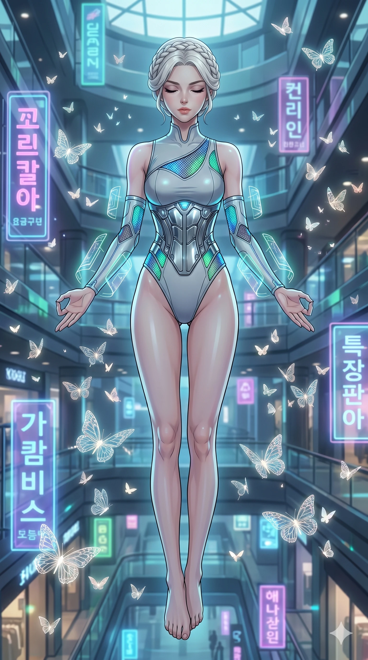 score_9, masterpiece, best quality, ultra-detailed, high-budget anime movie keyframe, cinematic anime lighting, intricate line art, Korean anime girl. Dynamic full-body shot stretching the vertical silhouette across the 9:16 frame. meditating peacefully in a holographic shopping mall surrounded by glowing butterflies. She has an absolutely perfect 8-heads proportion, an exceptionally tall and slender female figure with an ultra-slim waist and impossibly long slender legs. sharp v-shaped jawline, high-bridge nose, intricate jewel-like eyes, thick eyelashes, glossy lips. Wearing asymmetrical high-cut tech-bodysuit with detached glowing sleeves, chrome-plated mechanical corset, and bioluminescent mesh panels clinging to her slender figure. The scene is illuminated by dramatic atmospheric lighting and vibrant color palettes. 2k, ultra detail, master piece, 9:16 ratio