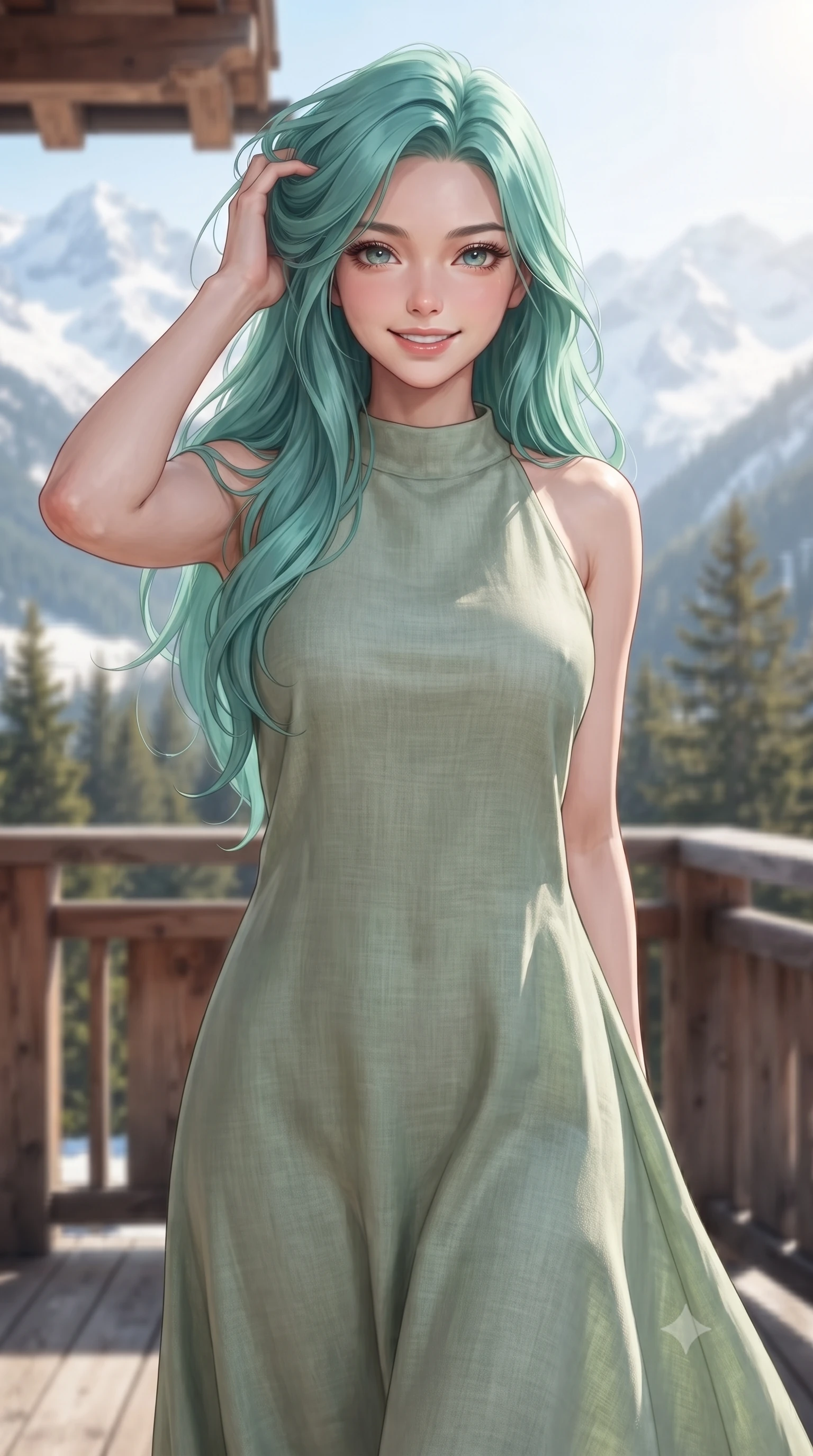score_9, masterpiece, best quality, ultra-detailed, high-budget anime keyframe, editorial fashion photography, tasteful artistic composition, Japanese woman woman. close-up cowboy shot from the waist and thighs up, the character dominates the composition, filling the frame with her large presence, background elements kept in soft focus. smiling with quiet, magnetic self-assurance directly into the camera, running a hand through her hair the background shows a soft-focus a wooden veranda of a luxury chalet facing majestic snow-capped peaks. She has an exceptionally elegant, slender, and willowy female figure with an ultra-slim waist, a gracefully sculpted slender torso, and a refined silhouette. sharp v-shaped jawline, high-bridge nose, intricate jewel-like eyes with depth, thick eyelashes, glossy lips with a natural sheen. wearing a body-hugging flowy linen sundress in sage green, with a modest high neckline and relaxed silhouette. bright morning alpine sun highlighting the white snow and green pine trees. ultra-reflective glossy finish, specular highlights, metallic sheen, high-contrast stereoscopic depth, volumetric dynamic lighting, 2k, ultra detail, master piece, 9:16 ratio